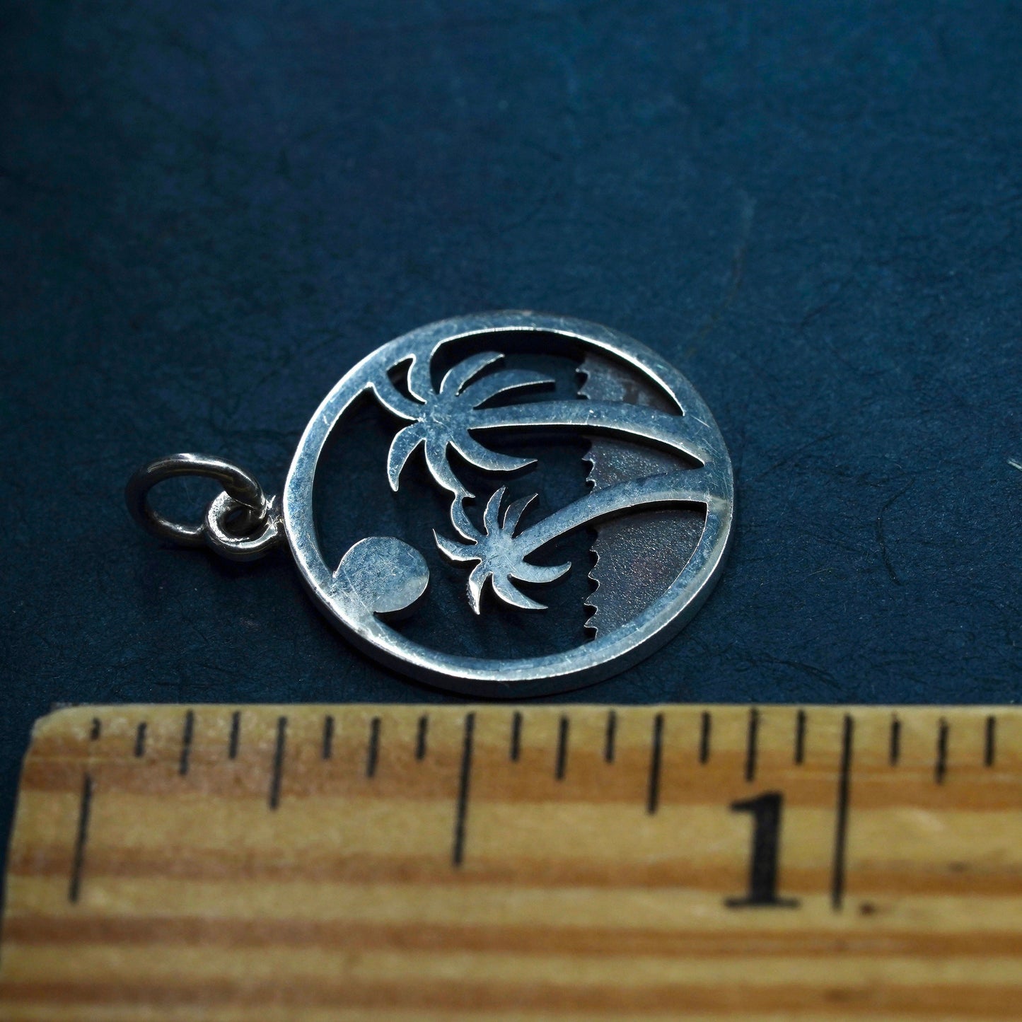 Vintage sterling silver handmade pendant, 925 circle with palm tree inlay