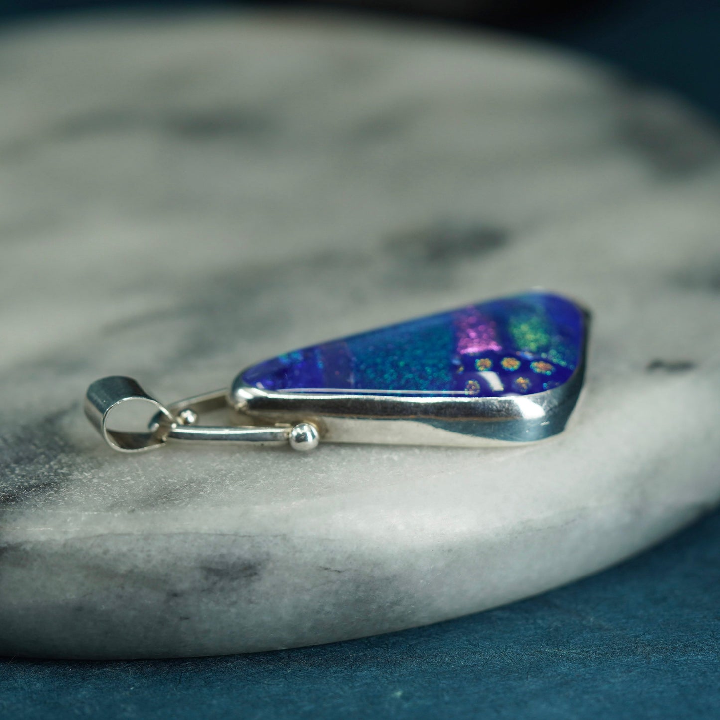 Native American 925 Sterling silver handmade pendant with blue foiled glass