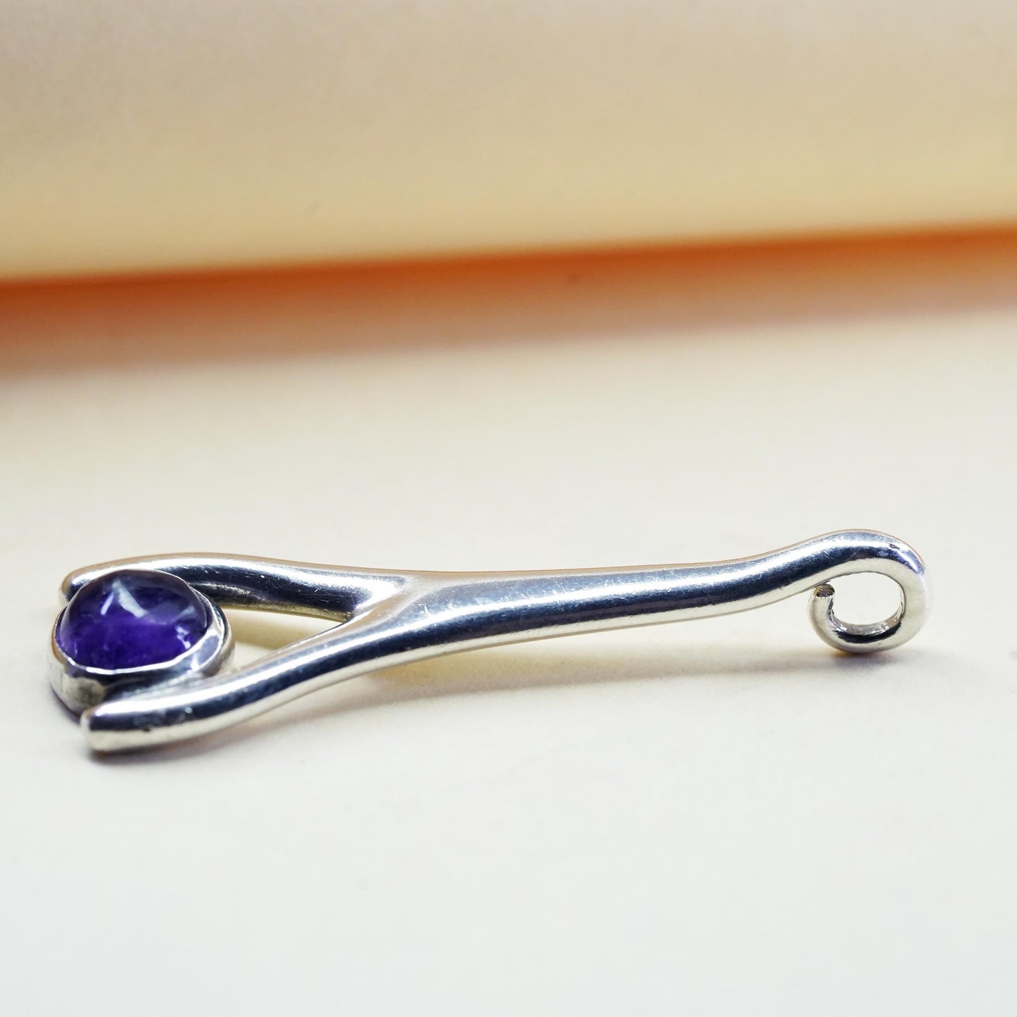 Vintage Mexican CCC Sterling 925 silver handmade wishbone pendant with amethyst