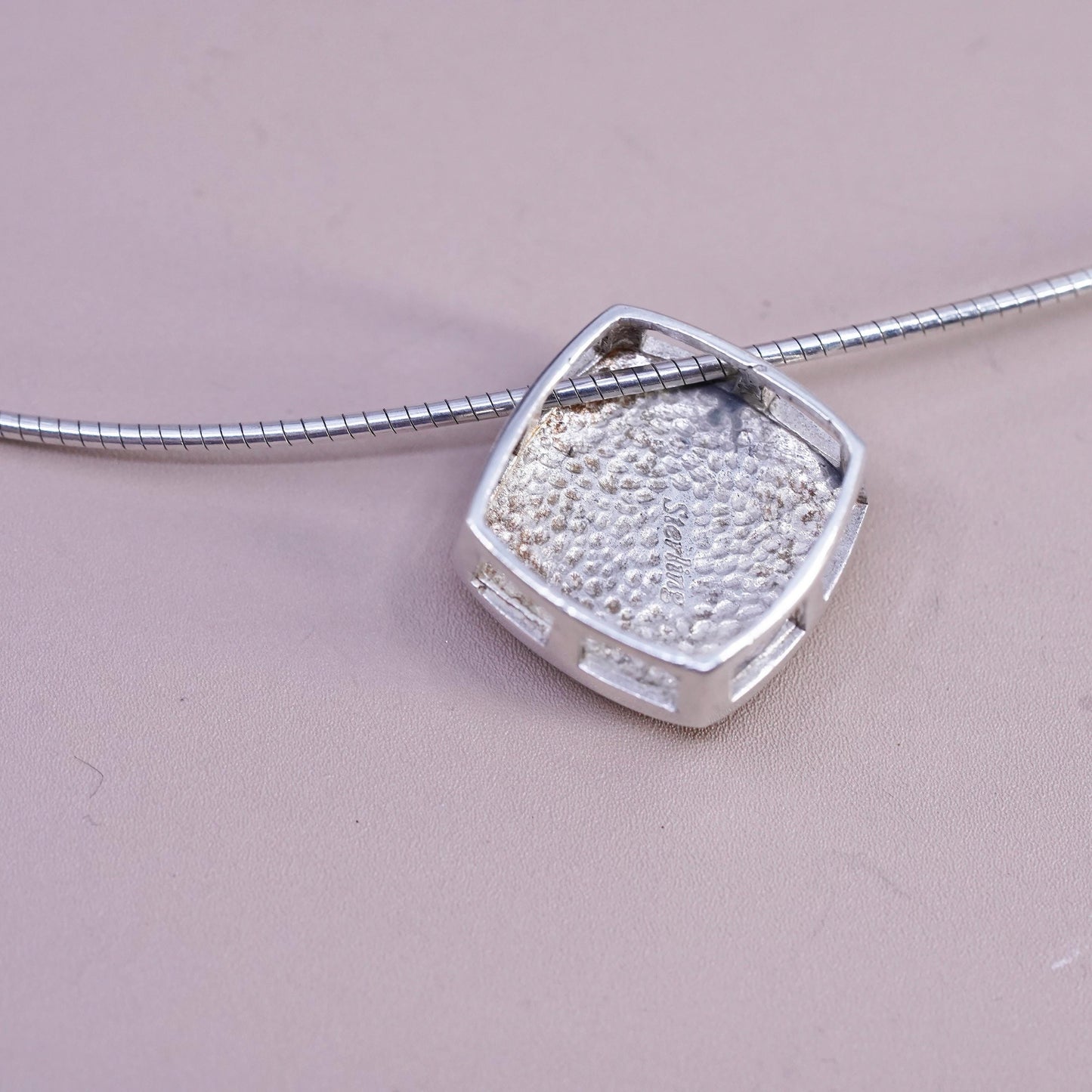 18”, Native American Sterling 925 silver snake necklace square pendant coral