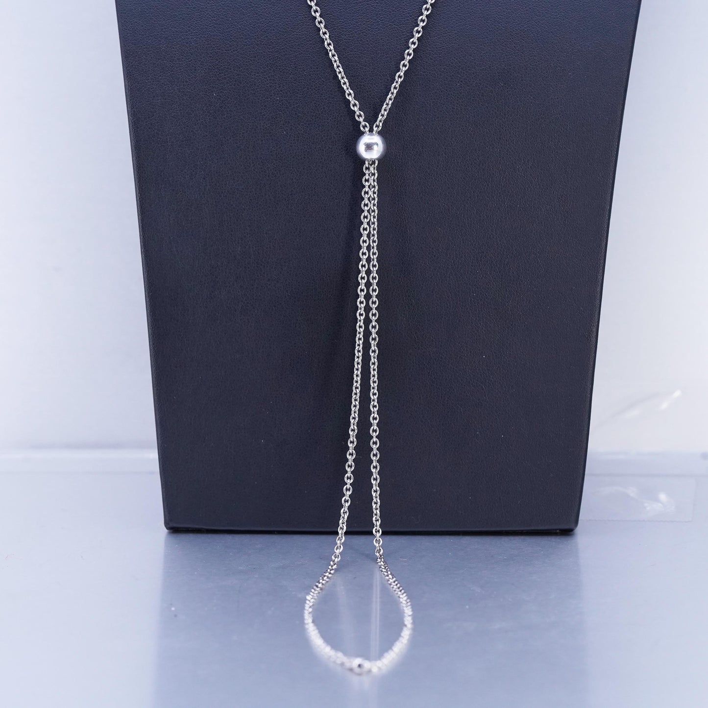 36" 2mm, vintage Sterling 925 silver extra long circle necklace with bead slide