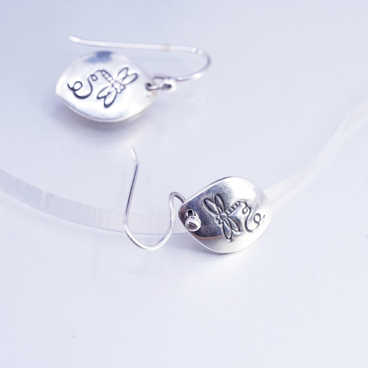 Vintage Sterling 925 silver handmade dragonfly embossed tag earrings