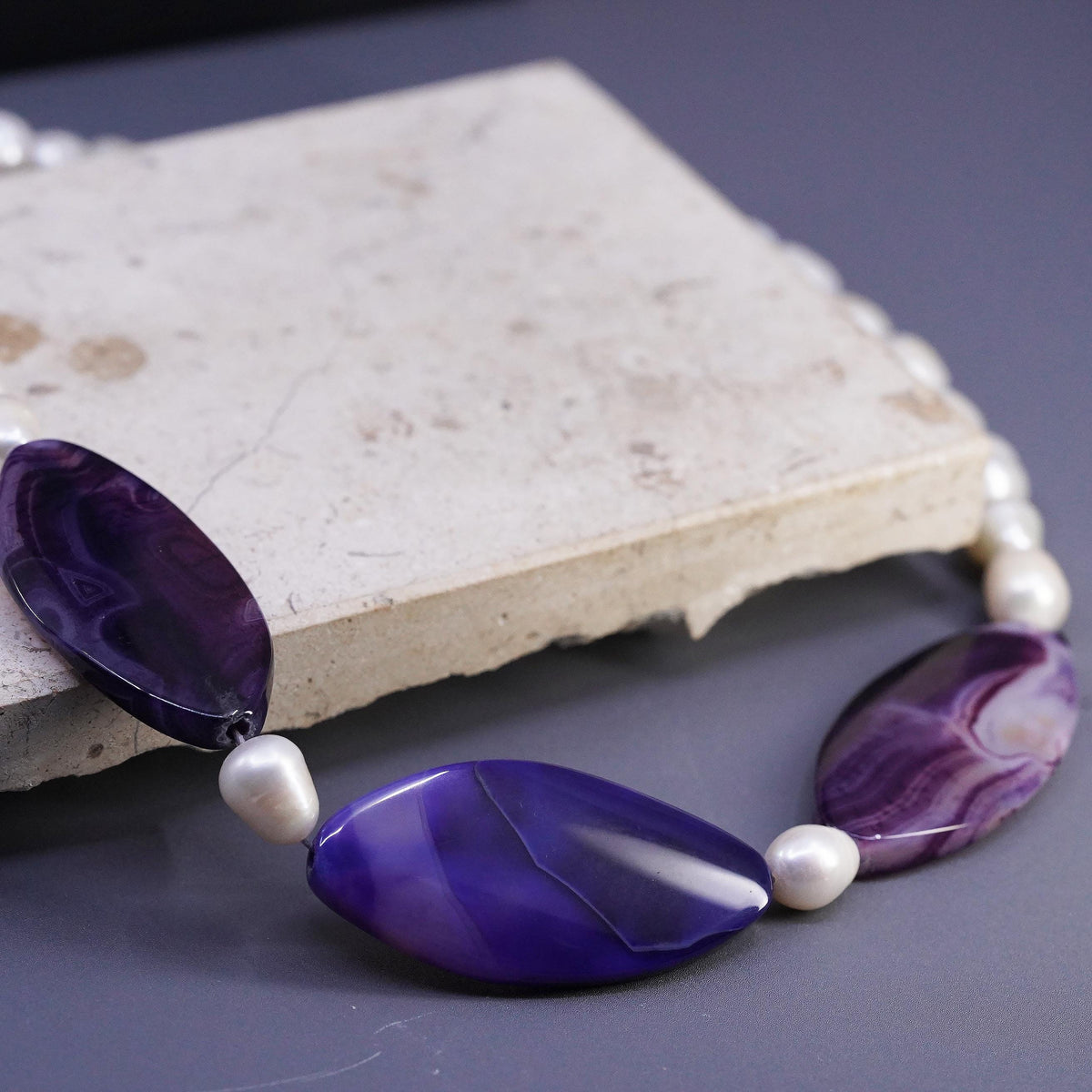 18+2", vintage Sterling 925 silver necklace 9mm freshwater pearls purple agate