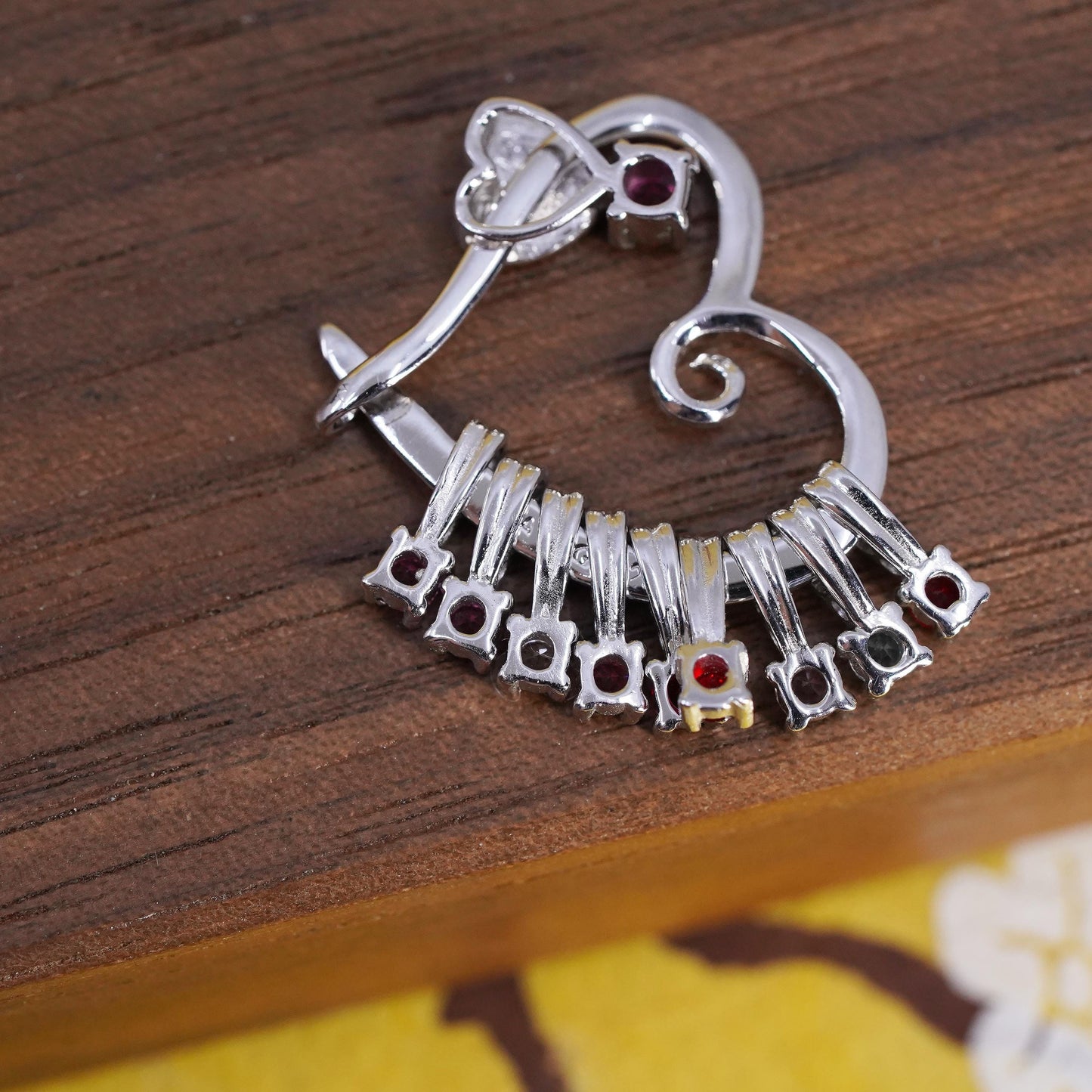 Vintage Sterling silver pendant, 925 double heart with ruby and crystal