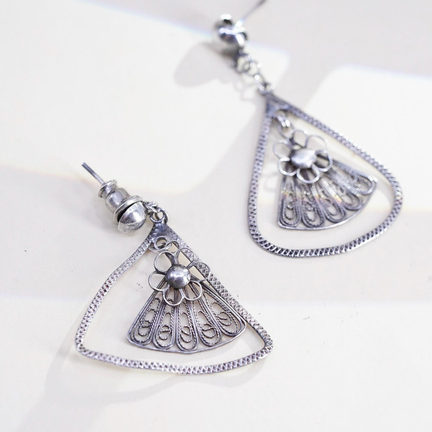 Vintage sterling silver handmade earrings, solid 925 flower filigree details