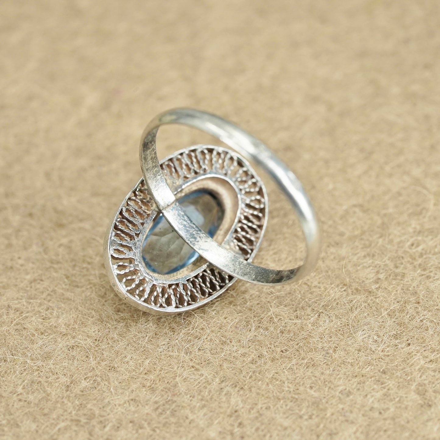 Size 7.5 vintage Sterling 925 silver handmade filigree ring with blue crystal
