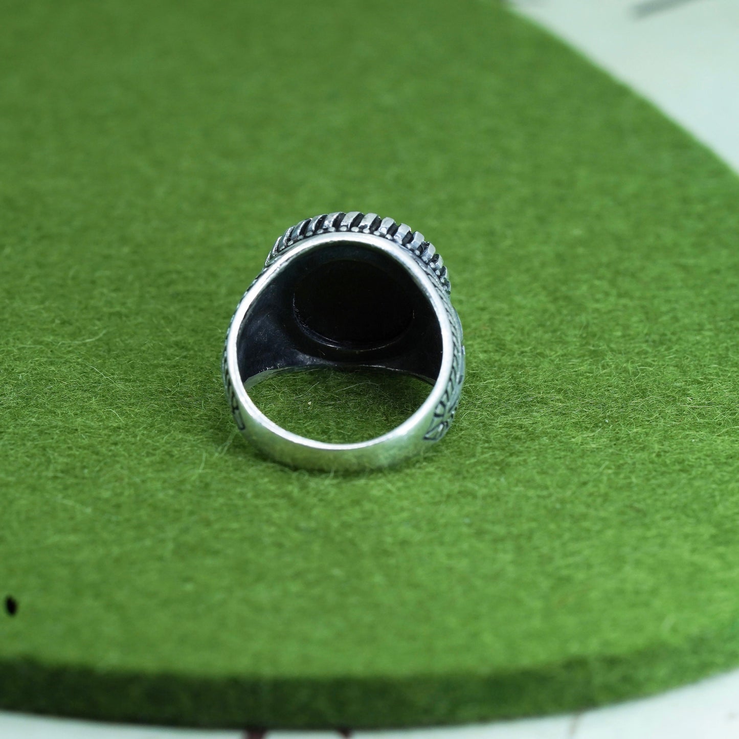 Size 8.25, sterling silver ring, Mexico 925 statement ring with round obsidian