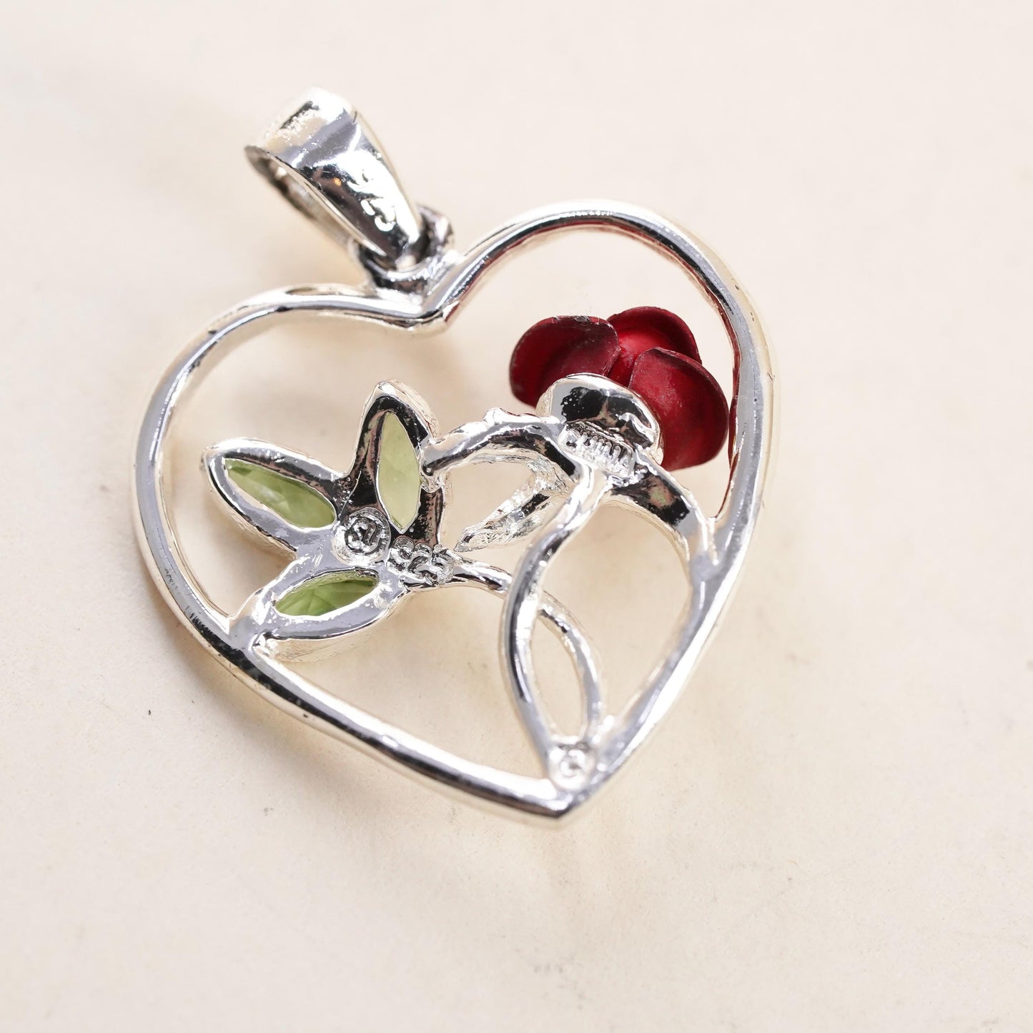 Vintage Sterling silver handmade pendant, 925 rose flower heart charm