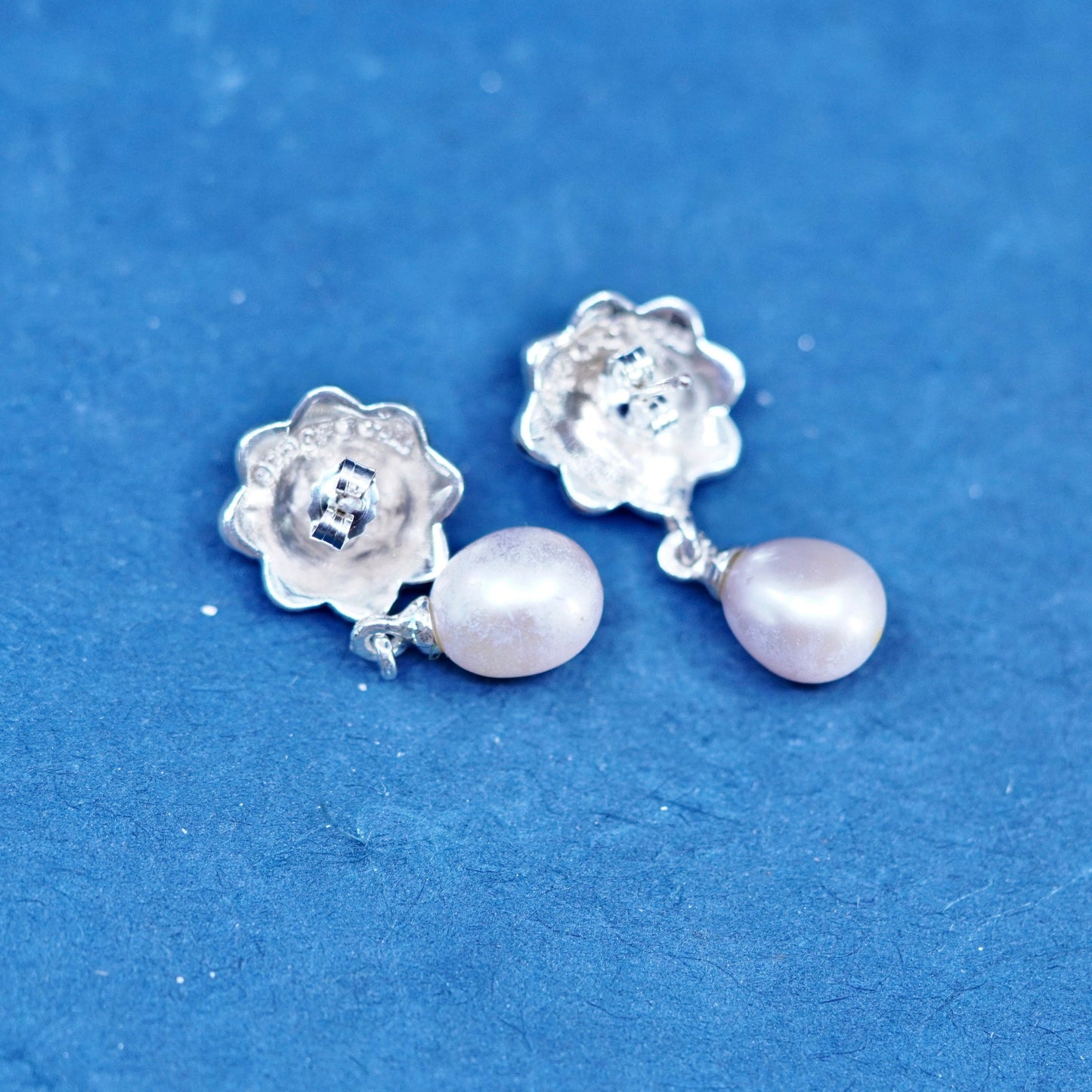 Vtg modern Sterling 925 silver handmade flower earrings with pearl beads