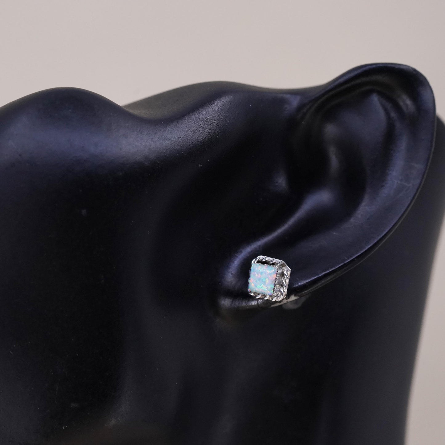 Vintage handmade single earring. Sterling 925 silver square stud with opal