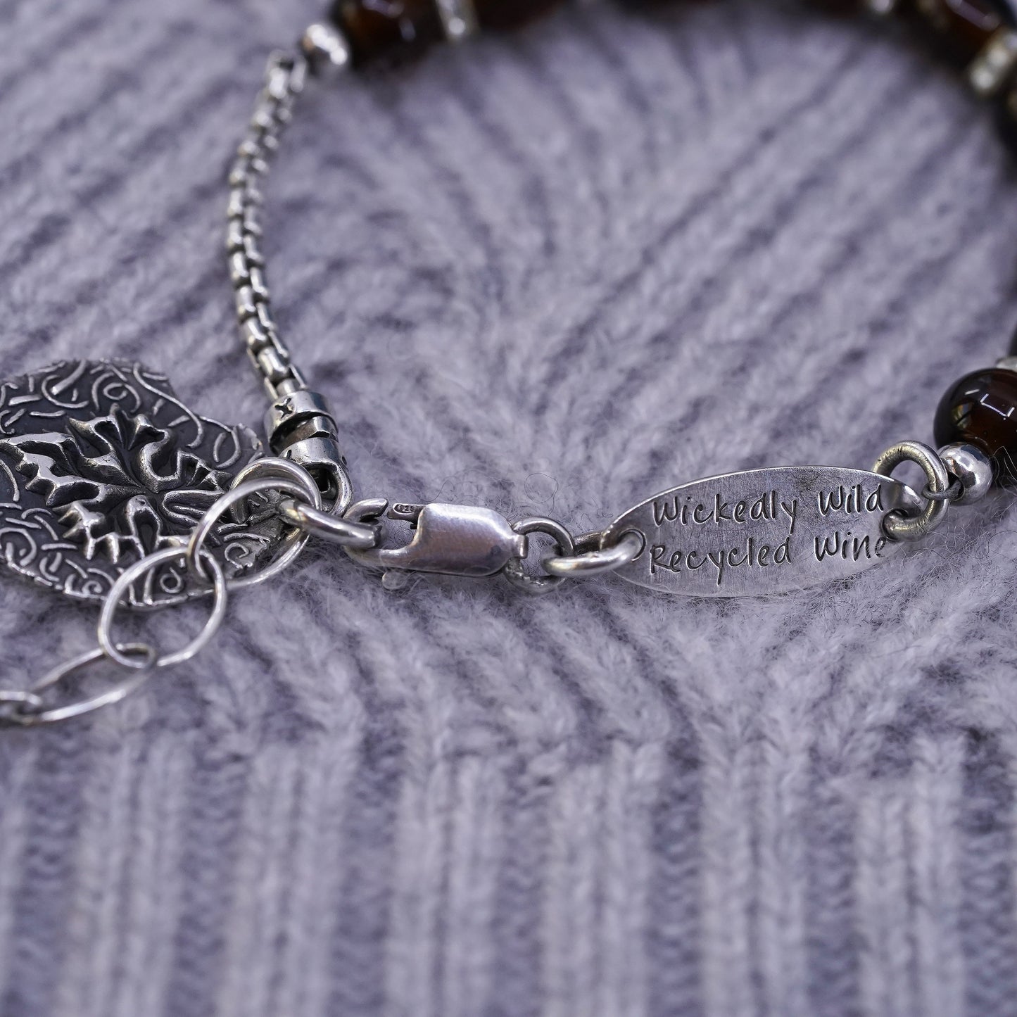 7", Wickedly Wild Recycled Wine sterling silver bracelet glass beads disc charm