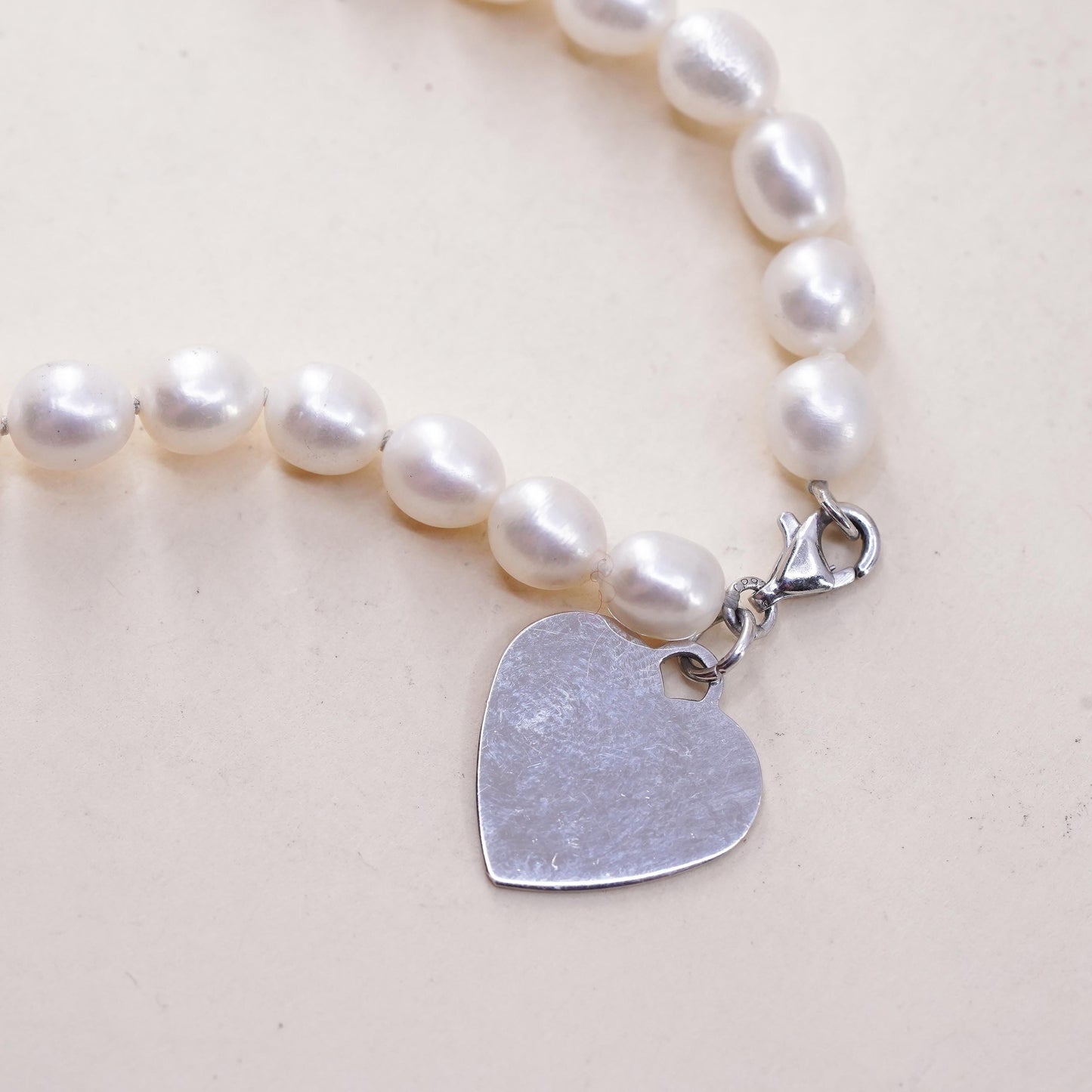 7.5”, VTG sterling silver bracelet, pearl beads 925 heart charm “I am loved”