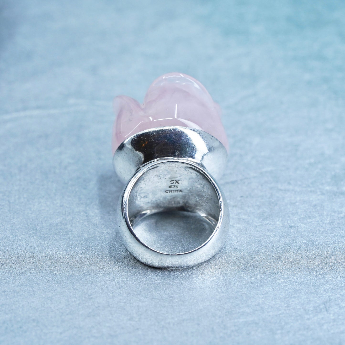Size 7, Sterling 925 silver statement band ring with rose flower pink quartz