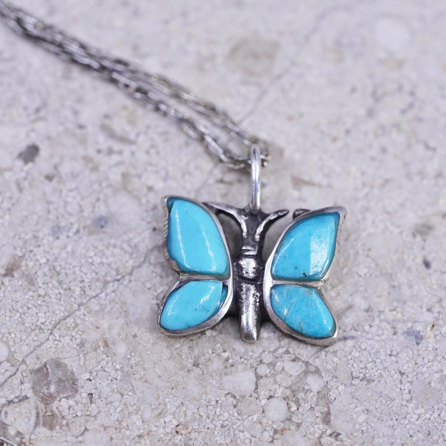 21" USA Sterling silver necklace, 925 rope chain turquoise butterfly pendant
