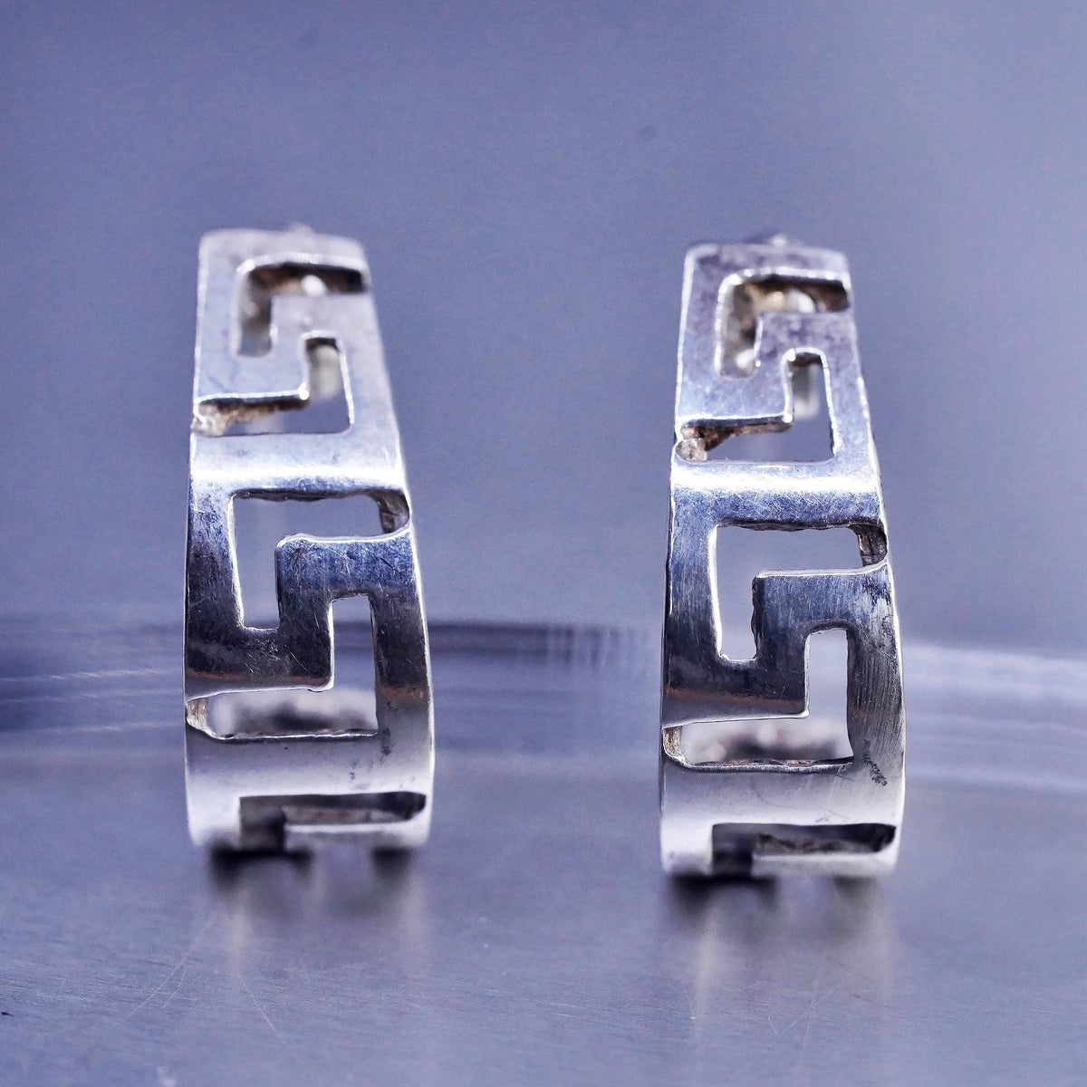 Vintage Sterling 925 silver handmade huggie studs earrings Greek key cut out
