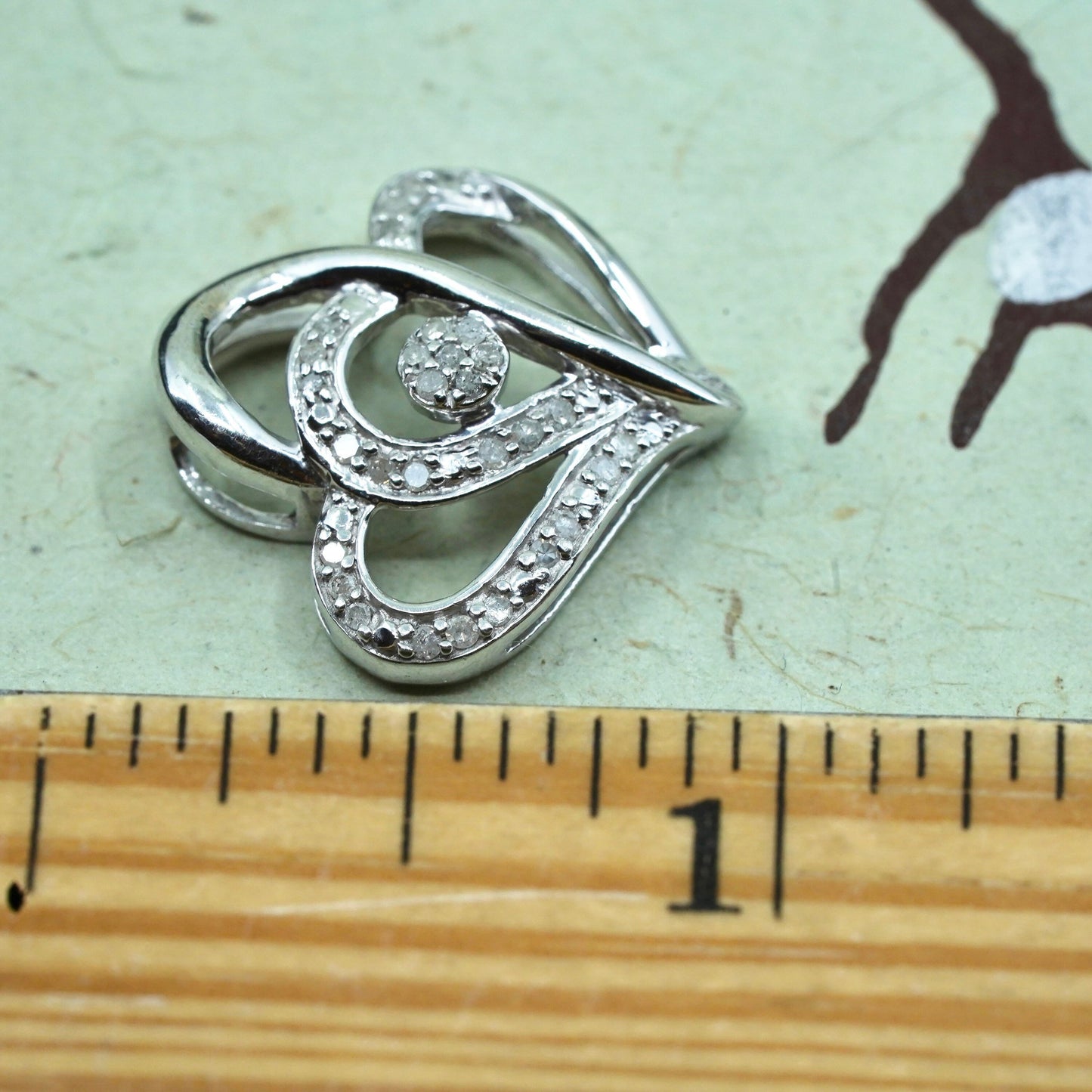 vintage Sterling silver Pendant, 925 double heart with real diamond