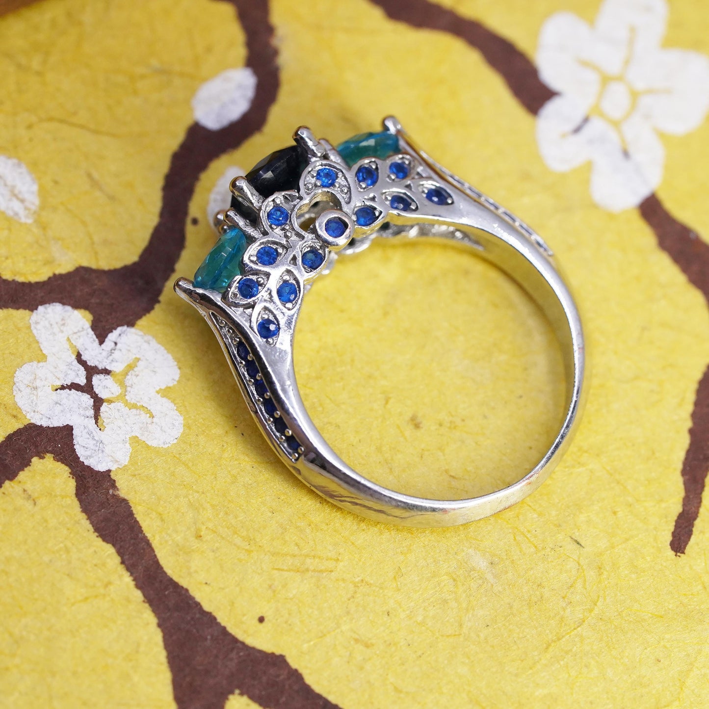 Size 6, vintage Sterling 925 silver handmade engagement ring sapphire and topaz