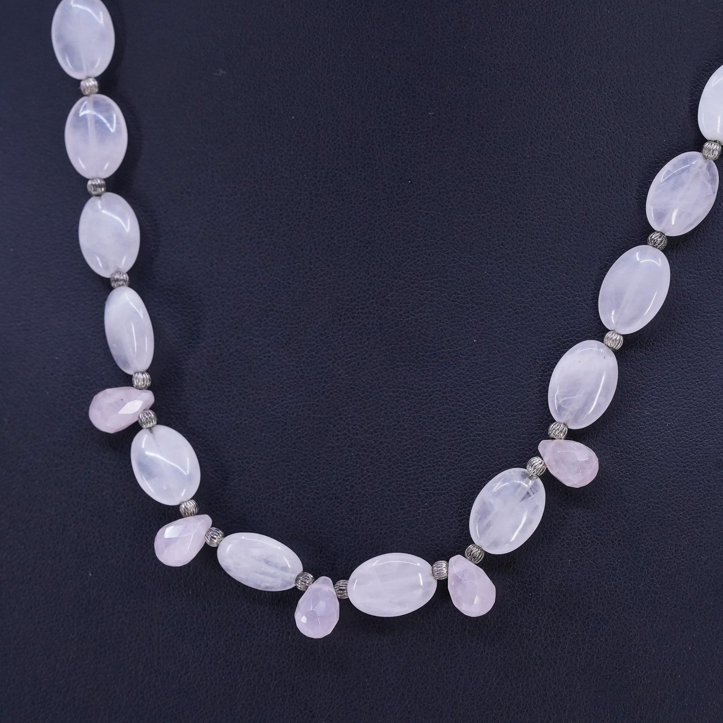19", VTG Pink Quartz Beads necklace teardrop charms sterling 925 silver clasp