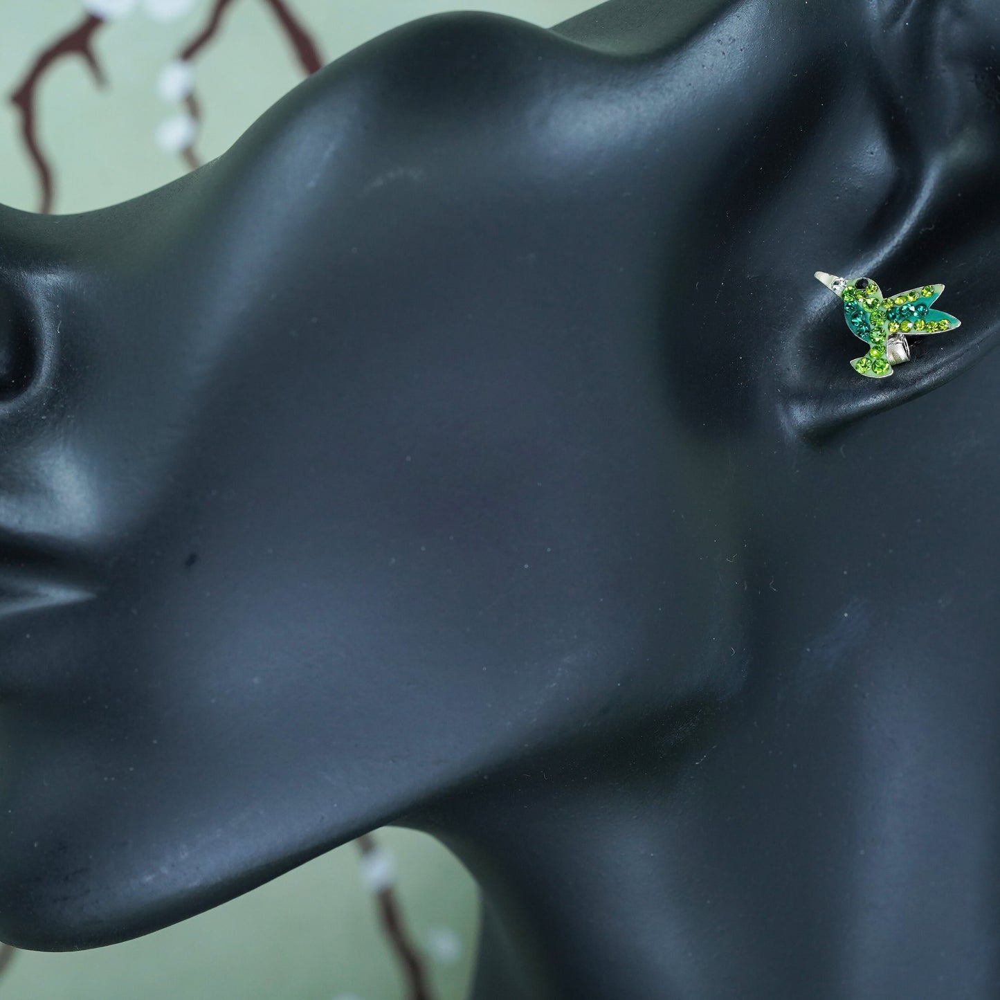 Vintage sterling silver hummingbird studs, 925 bird earrings with green crystal
