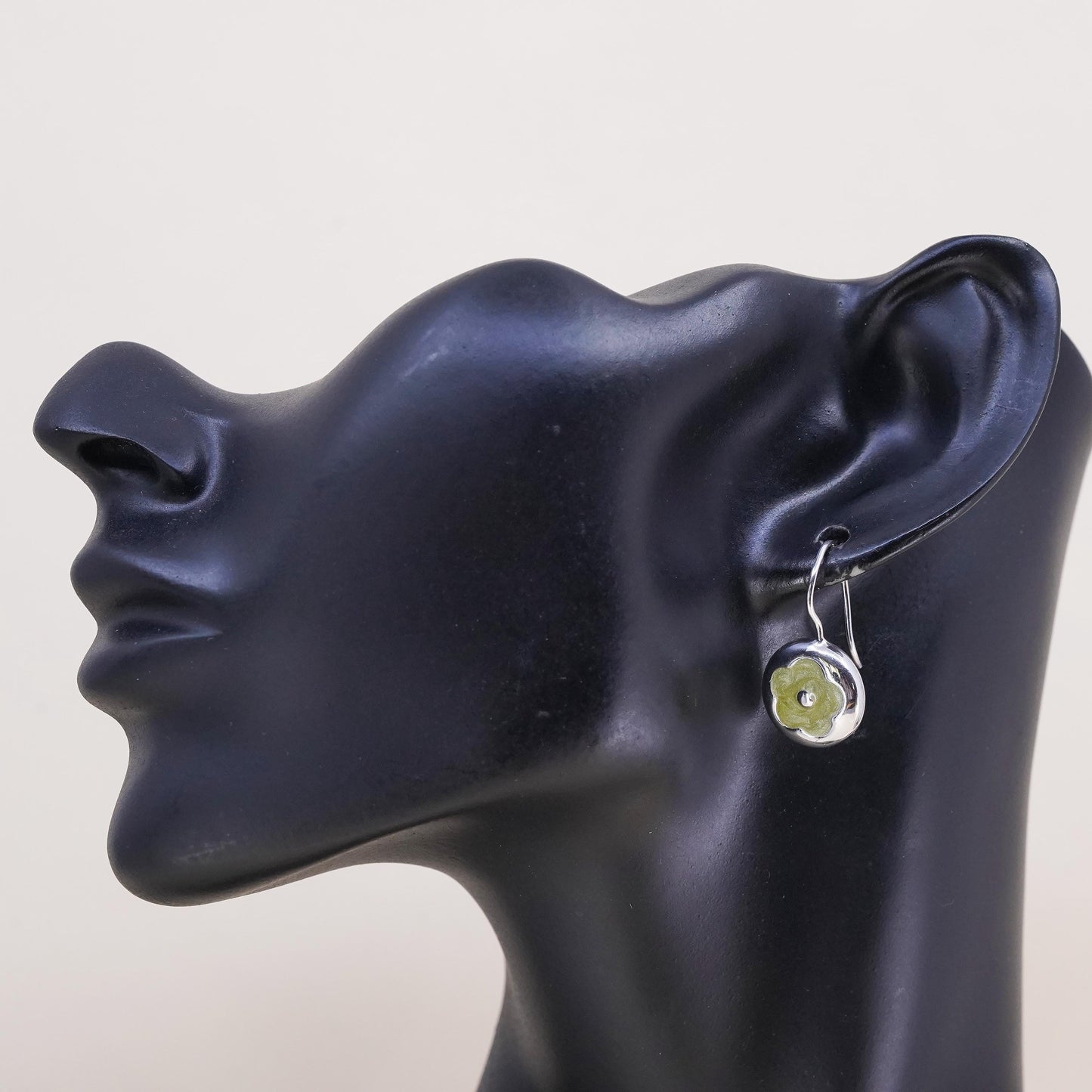 Vintage handmade single earring. Sterling 925 silver green enamel flower