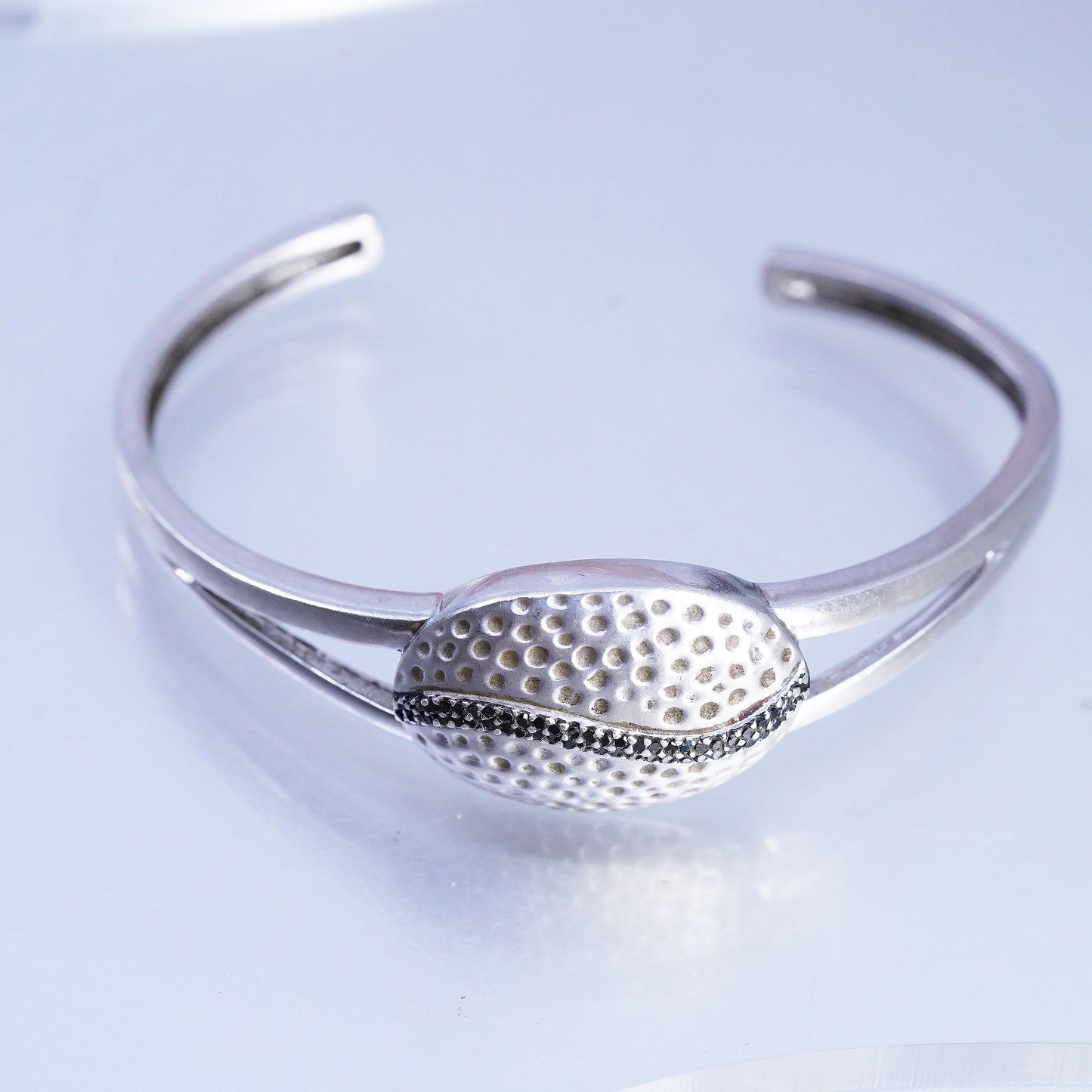 6.75" Vintage 925 Sterling Silver Black Diamonds Cuff Hammered Oval Open Bangle