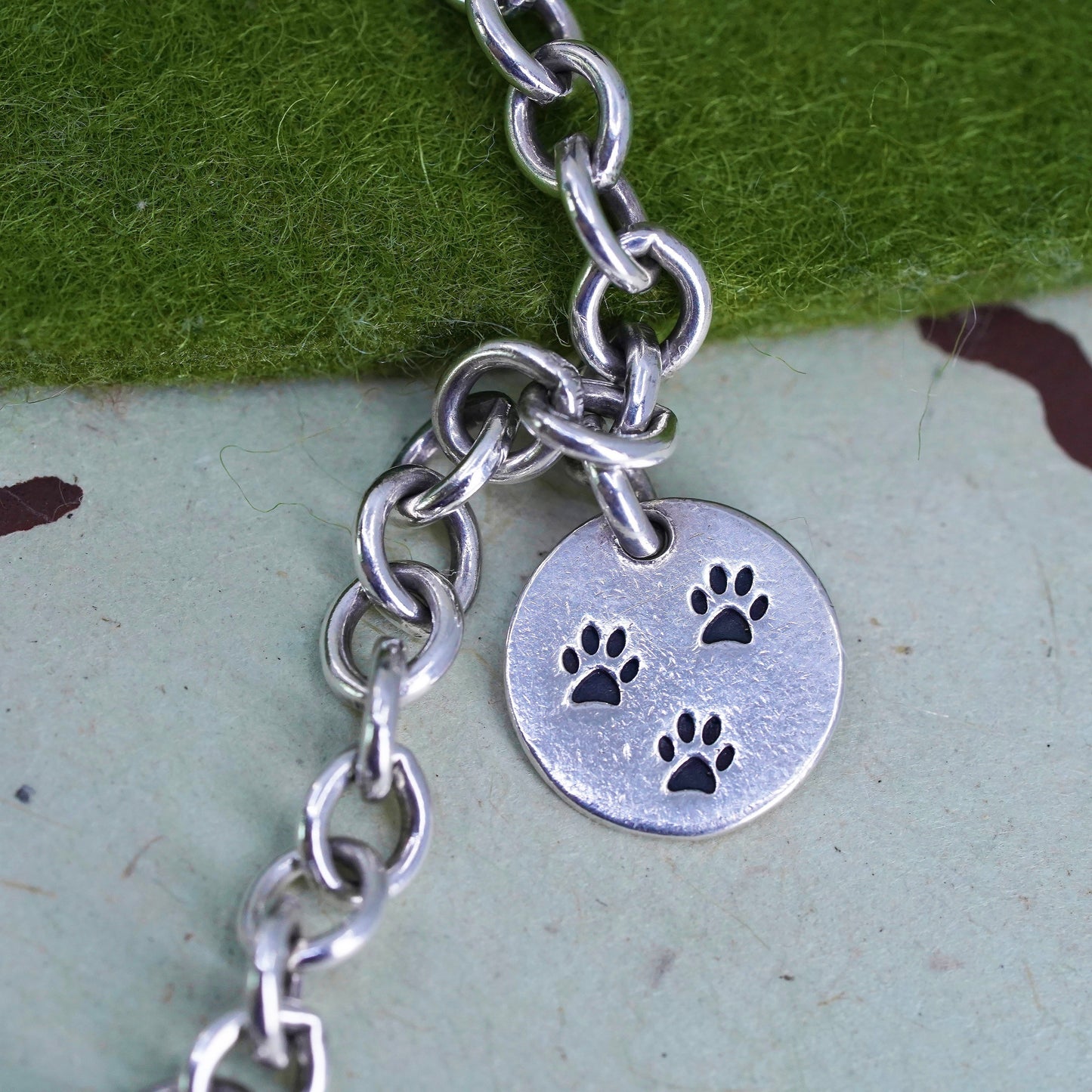 7" 5mm, sterling 925 silver circle bracelet with dog pow print tag charms