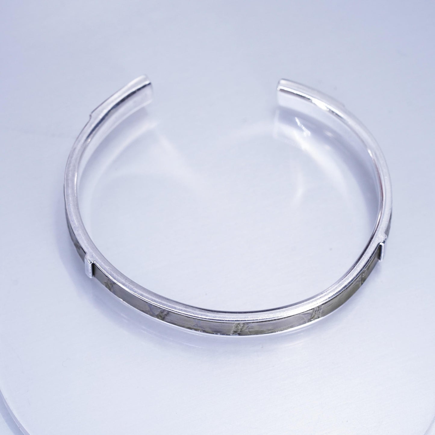 6.75”, Vintage Italian Sterling 925 silver bracelet, green leather inlay cuff