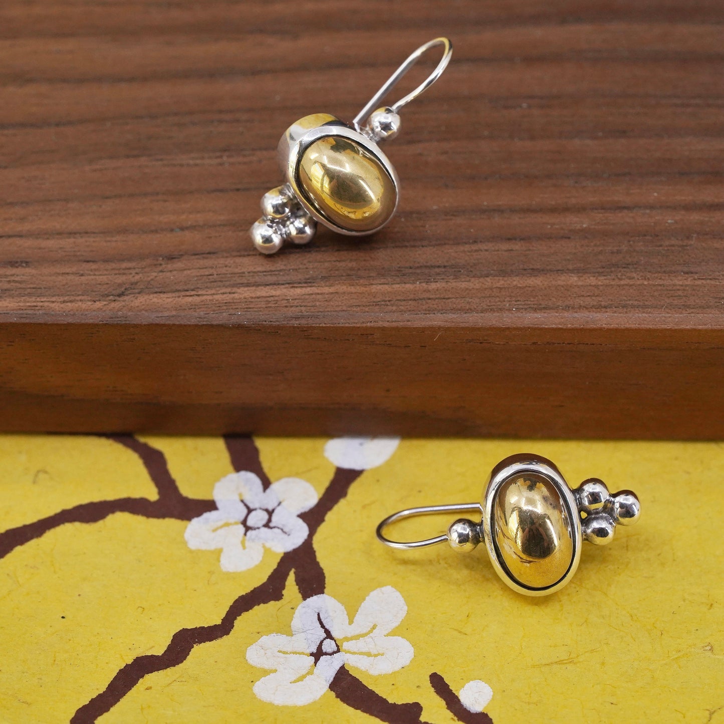 two tone Sterling silver handmade earrings, Mexican 925 hoops with brass beads