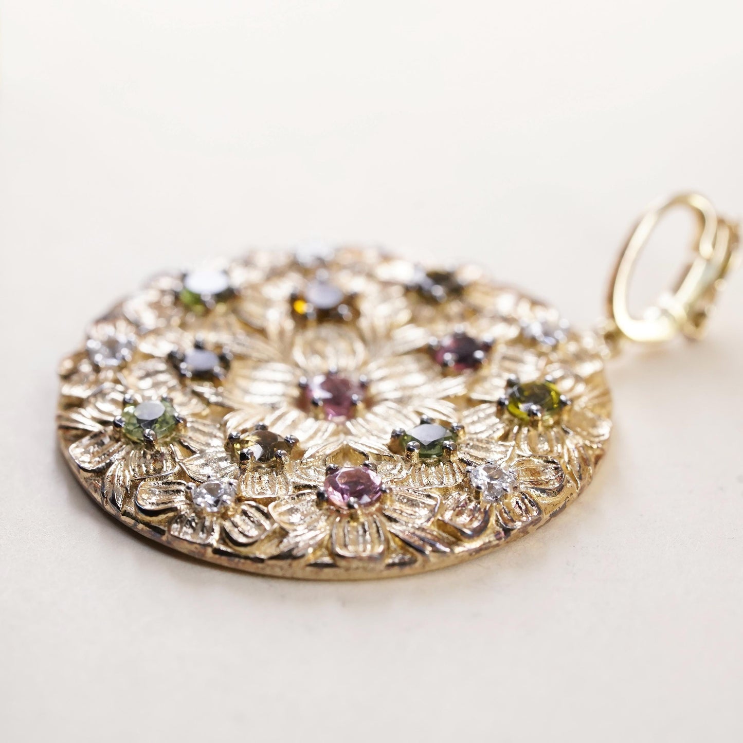 Vintage gold plated Sterling 925 silver textured flower pendant multi gemstones