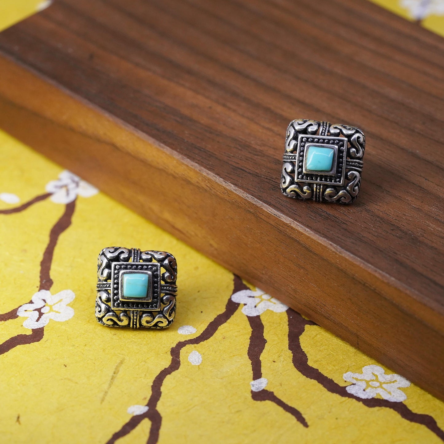 southwestern Sterling Silver square Earrings, 925 filigree studs with turquoise