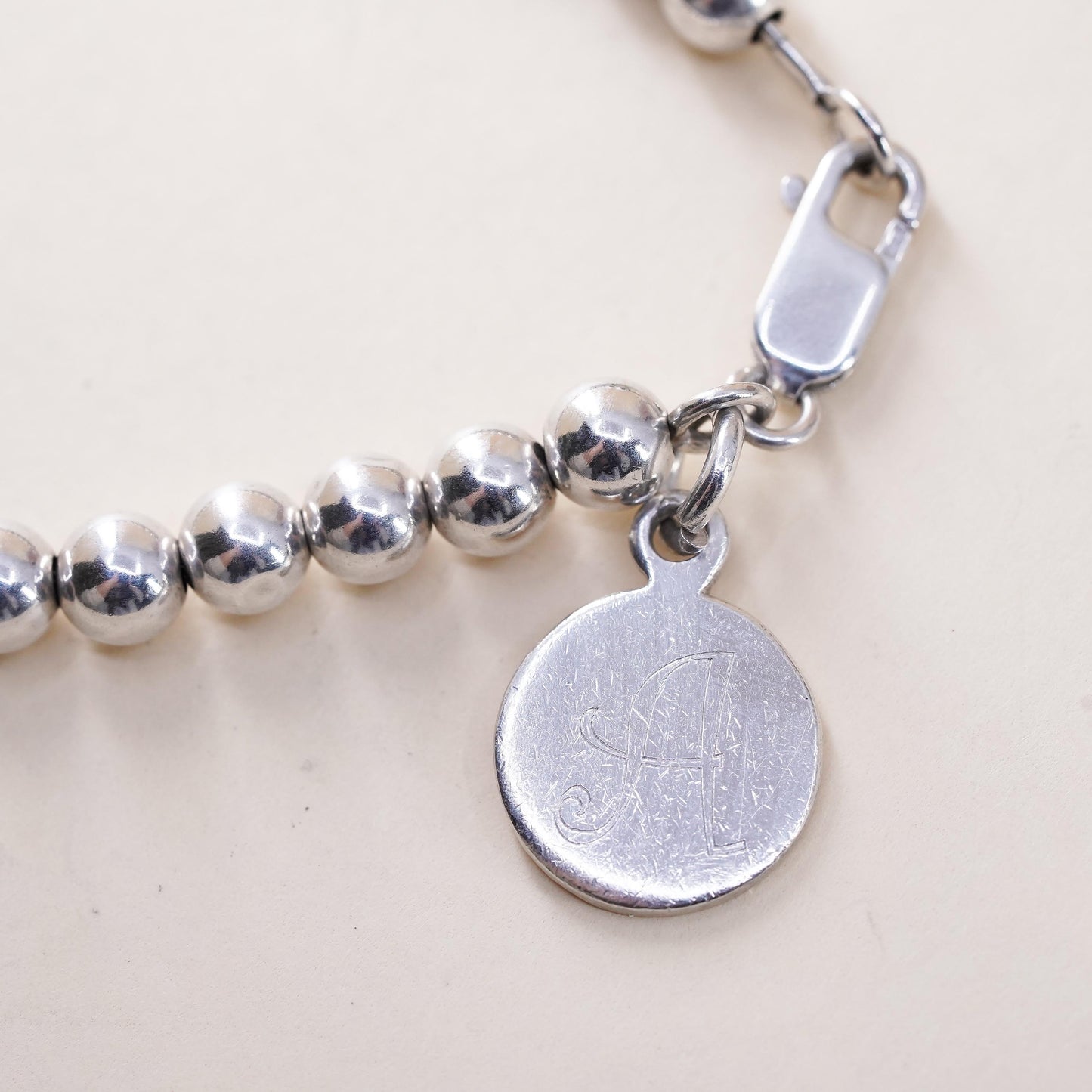 7” 5mm, Vintage sterling 925 silver bead bracelet tag charm engraved letter H