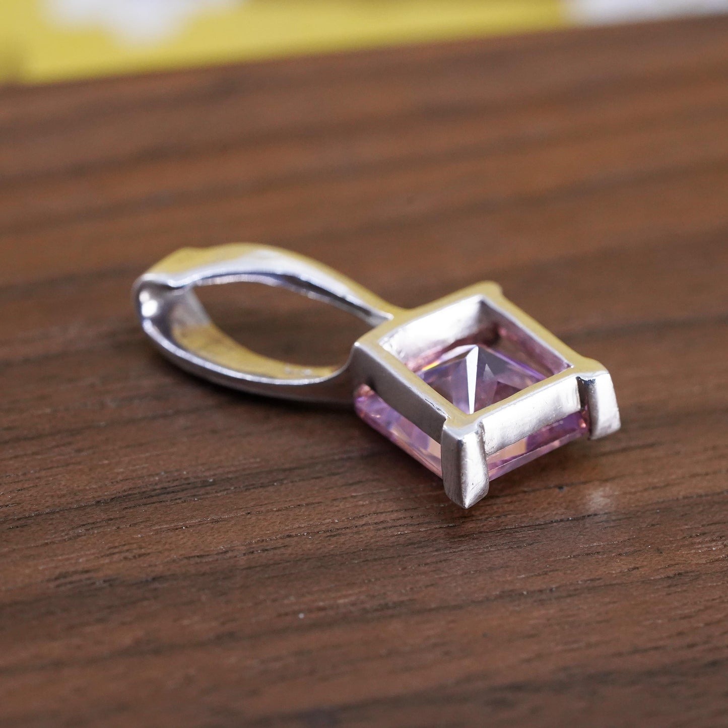 Vintage Sterling 925 silver handmade square pendant with pink crystal