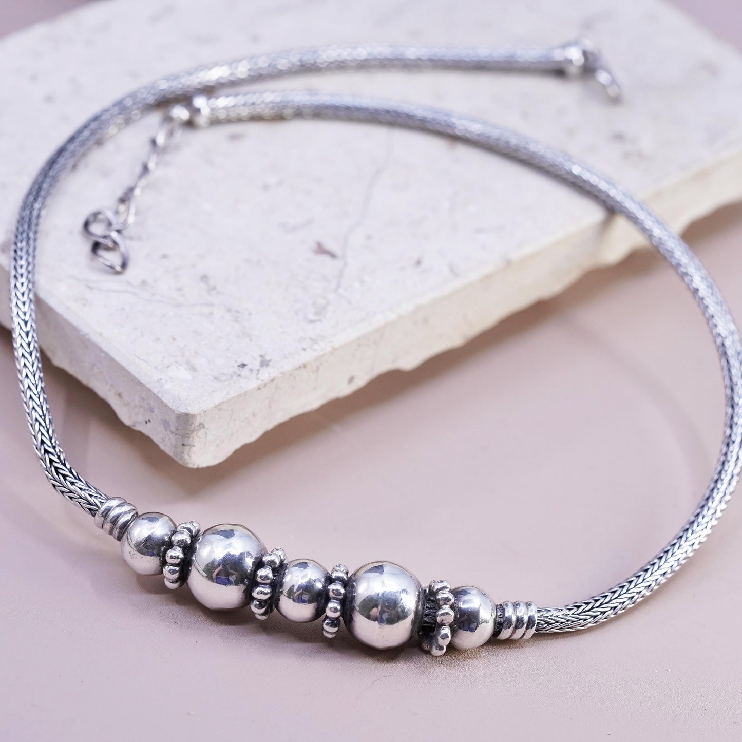 18+2" 4mm, vintage bold Sterling silver necklace, 925 wheat chain beads pendant