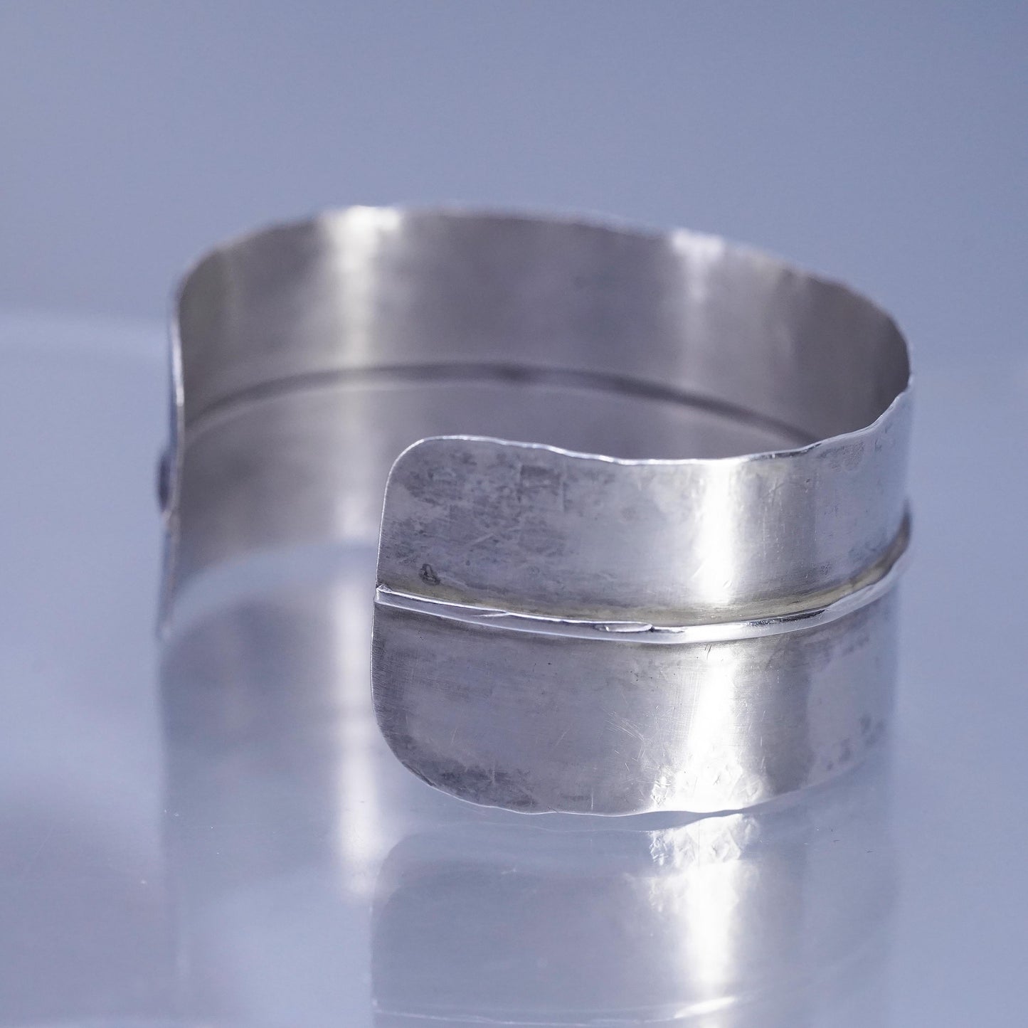 6”, VTG Mexican Sterling 925 silver handmade matte bracelet, wide ribbed cuff