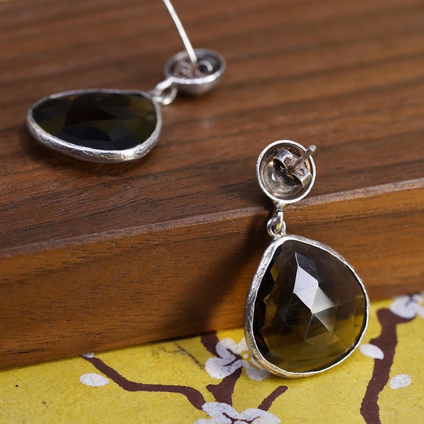 Vintage Sterling 925 Silver Brown Smoky Quartz teardrop handmade Earrings
