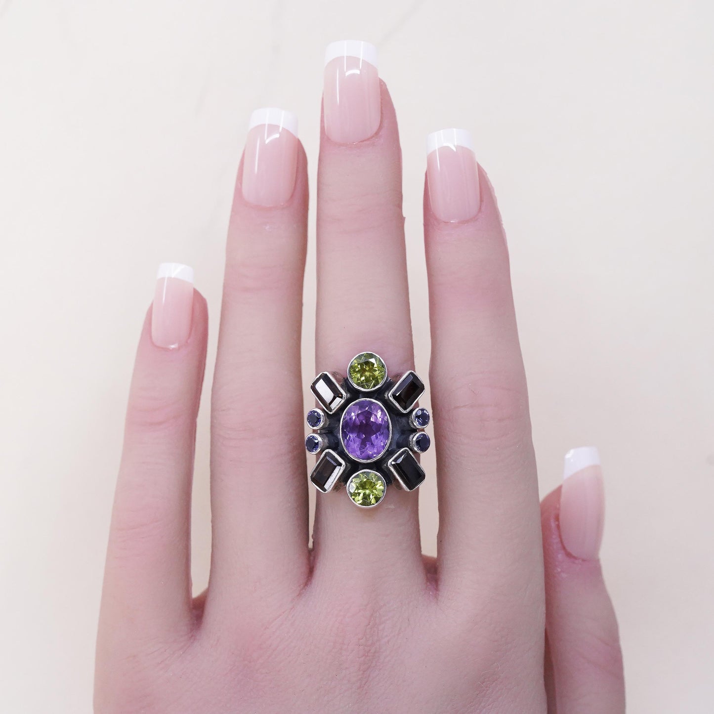 Size 7, Vintage Nicky Butler NB 925 Sterling Silver Multi Gemstone Ring Peridot