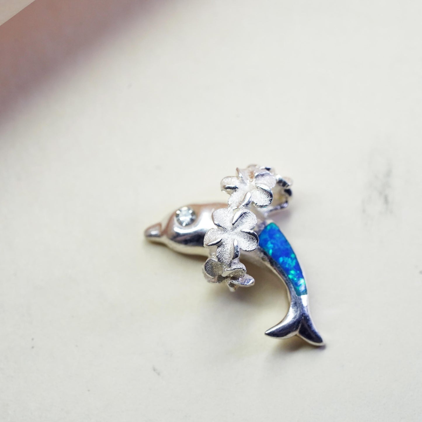 Vintage Sterling silver pendant, 925 dolphin with opal inlay, plumeria flower