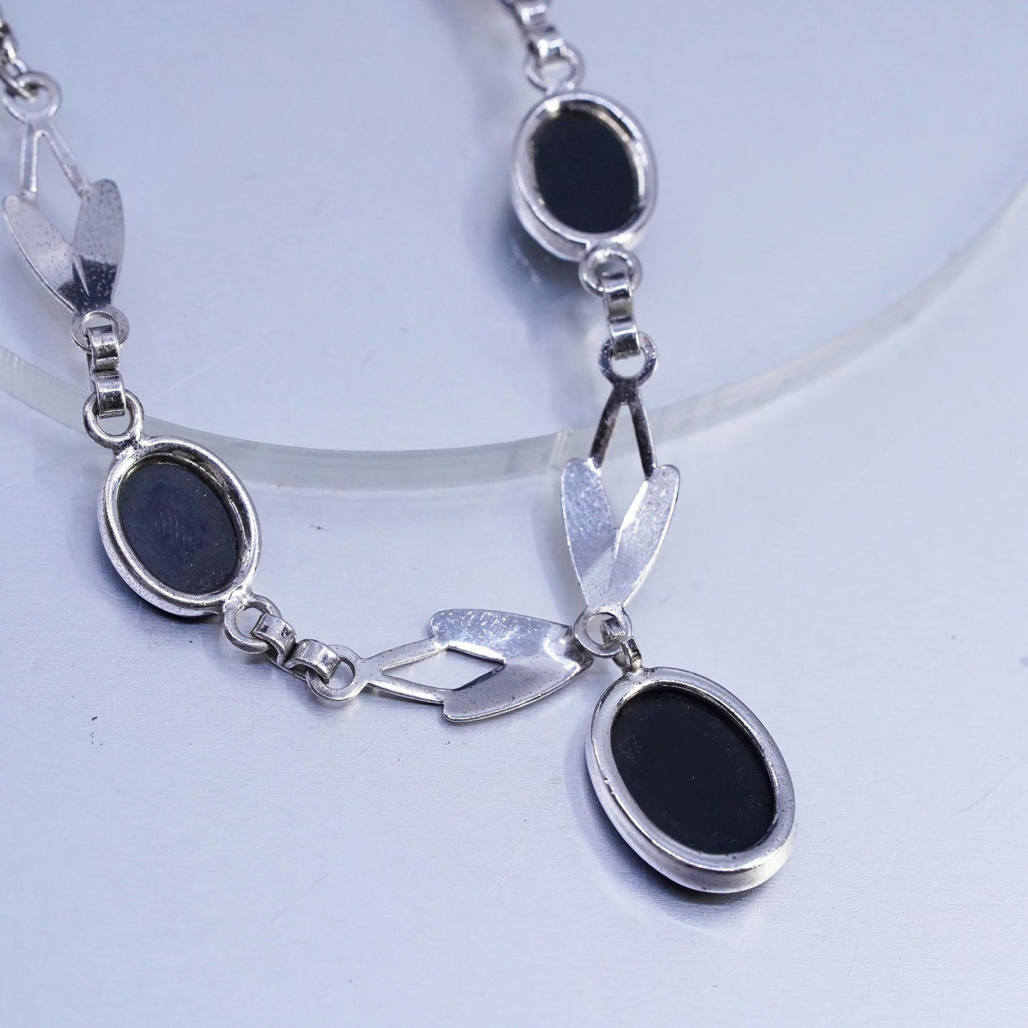 16”, vintage Sterling 925 silver handmade circle chain necklace onyx pendant