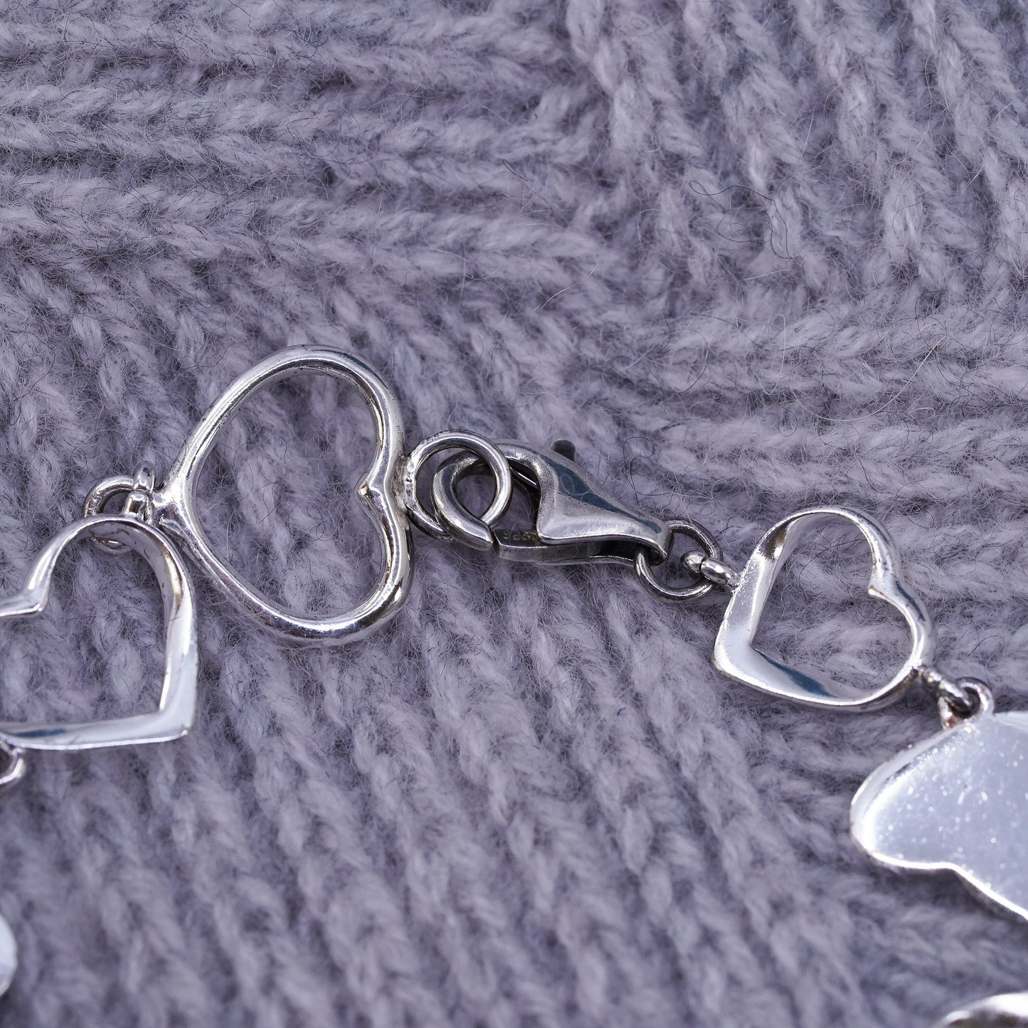 8”, vintage Sterling 925 Silver heart link bracelet embossed “I love you”