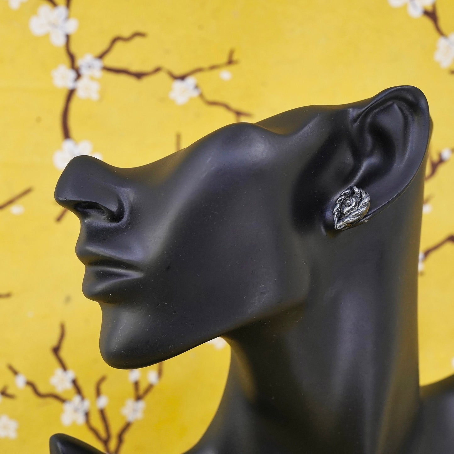 Vintage handmade Sterling silver earrings, 925 black resin studs