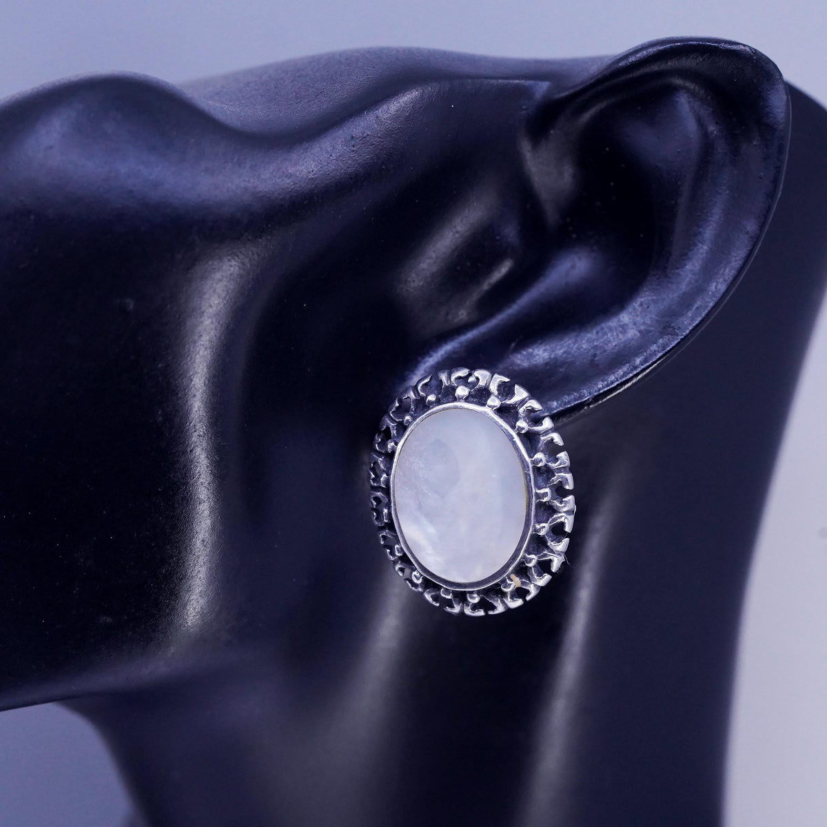 Vintage Sterling 925 silver earrings, oval beaded studs with mother of pearl