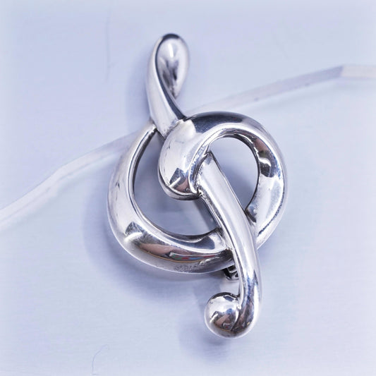 Vintage sterling silver handmade brooch, modern 925 music note symbol pin