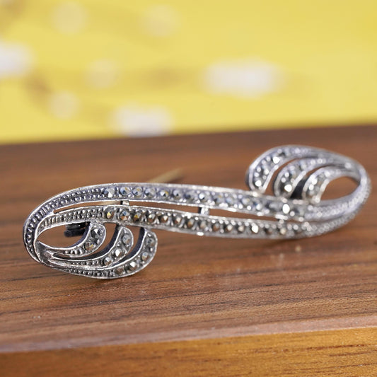 Vintage handmade sterling 925 silver double sprial brooch w/ cluster Marcasite