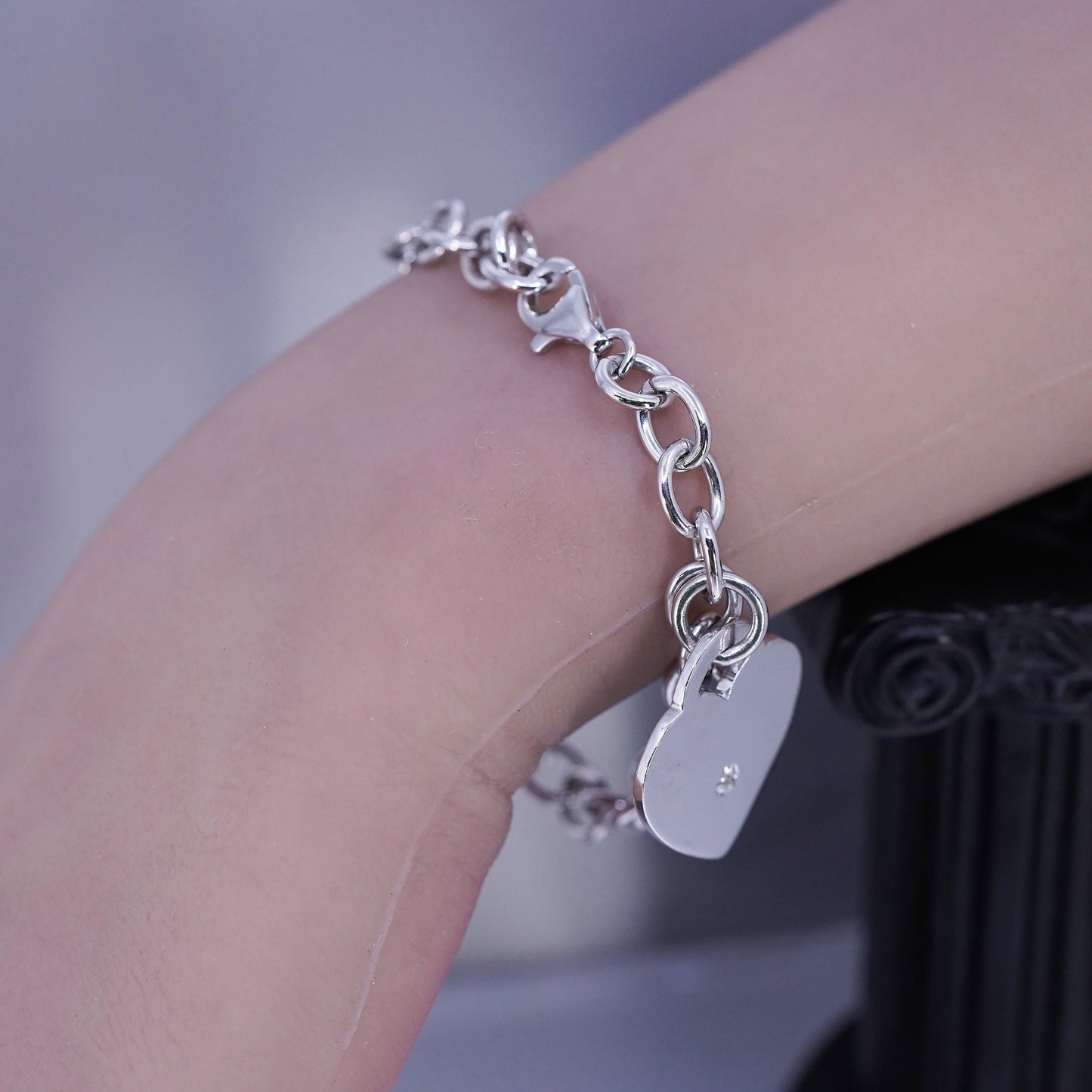6.75", Vintage Sterling Silver Bracelet, 925 circle chain heart diamond charm