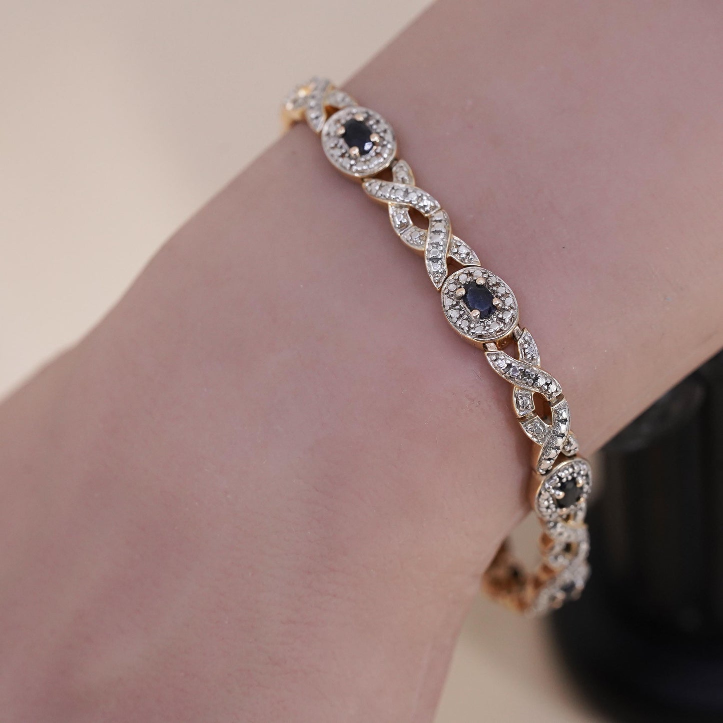 7.25”, vermeil gold sterling silver tennis bracelet, 925 oval sapphire diamond