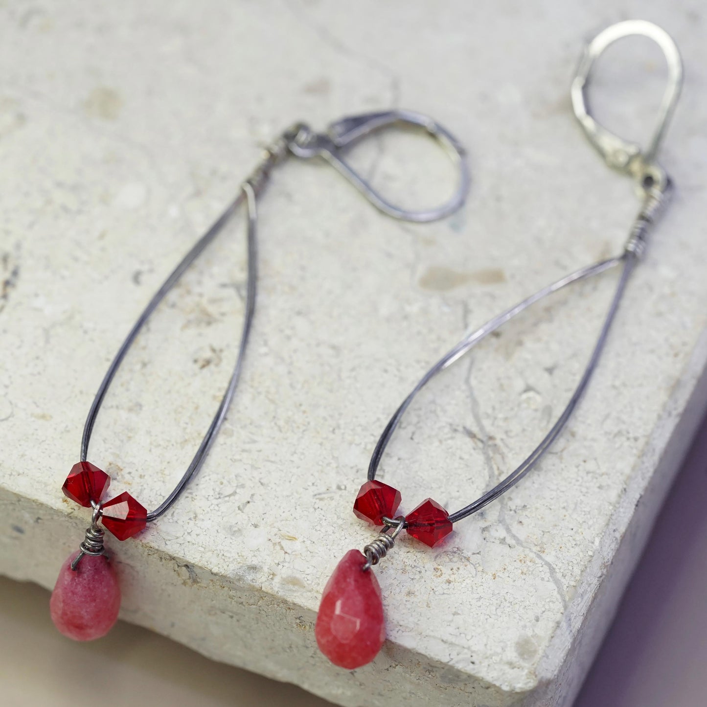 Vintage Sterling 925 silver handmade earrings with teardrop ruby