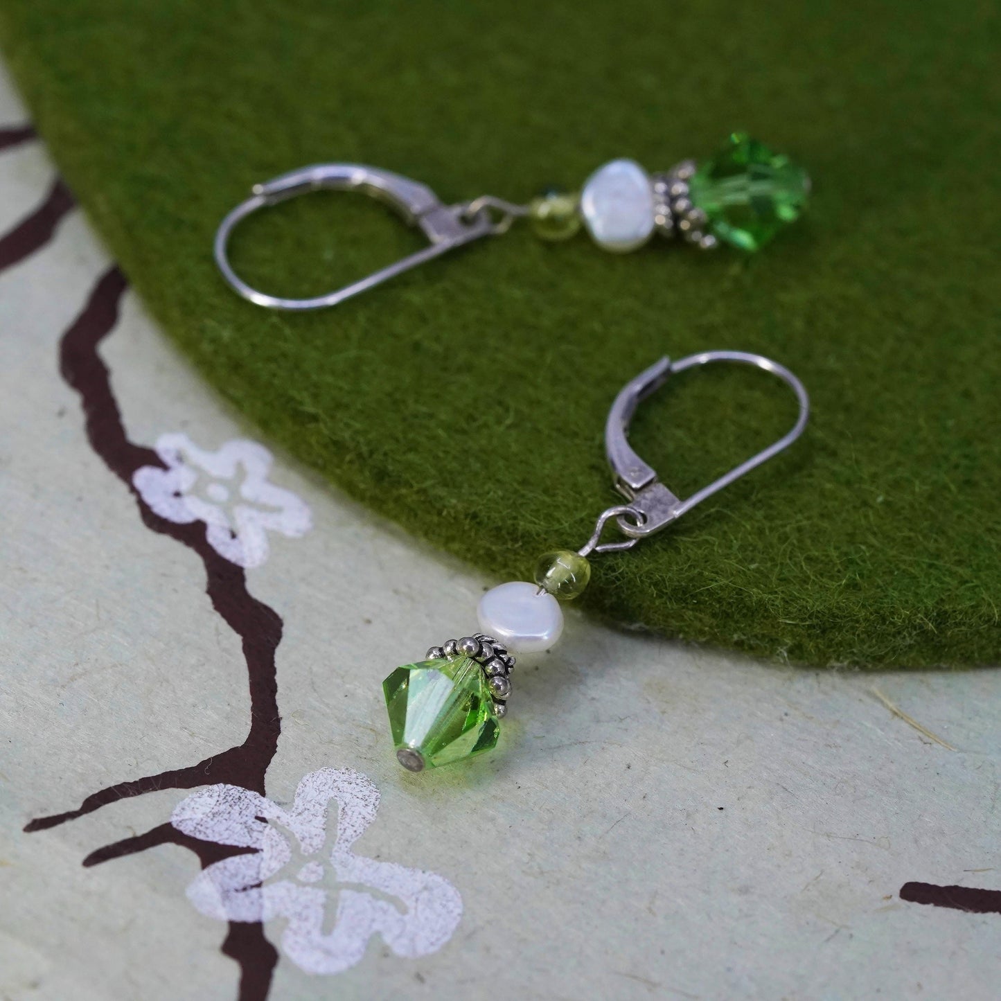 Vintage sterling silver handmade earrings, 925 silver with green crystal drops