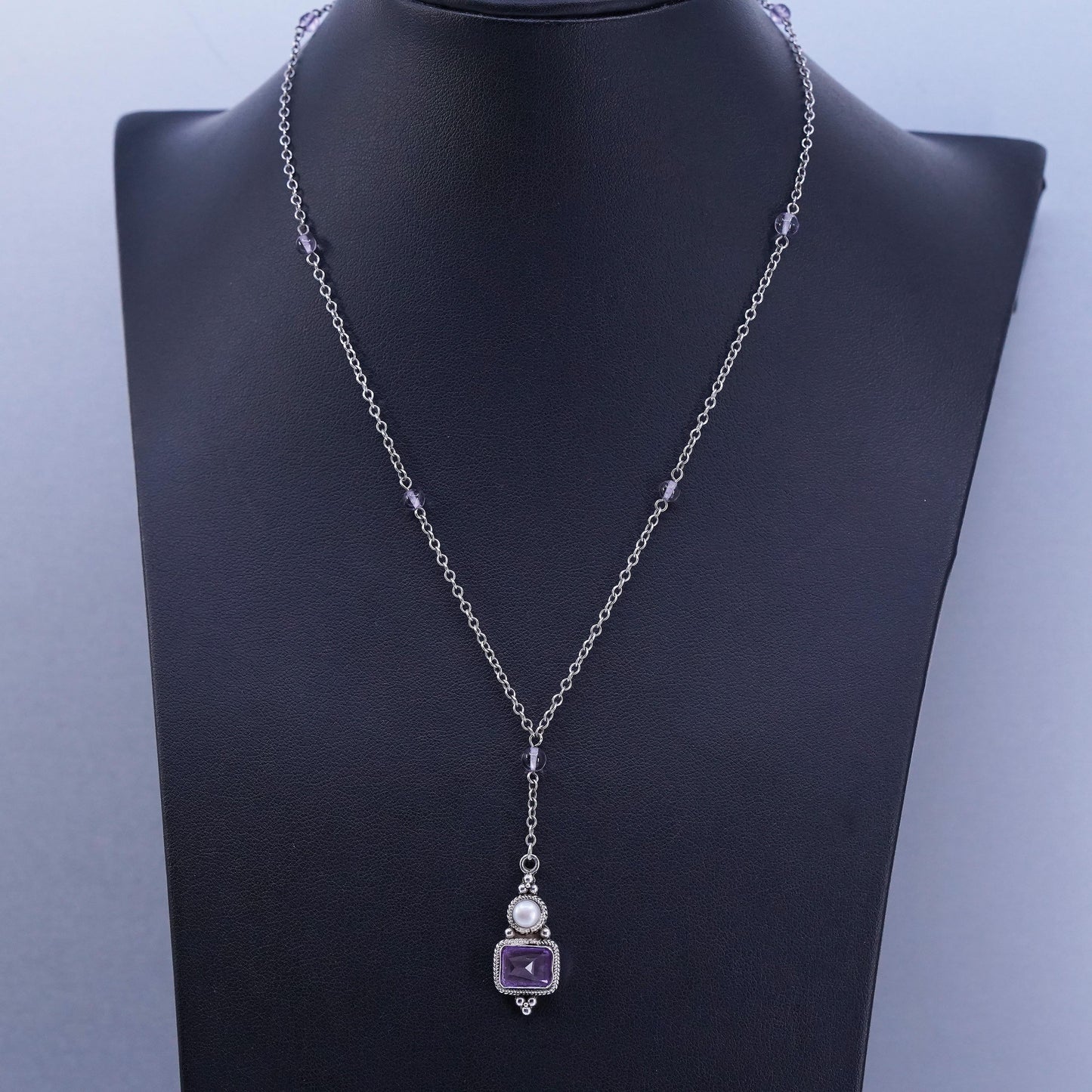 16”, vintage Sterling 925 silver circle chain necklace amethyst pearl pendant