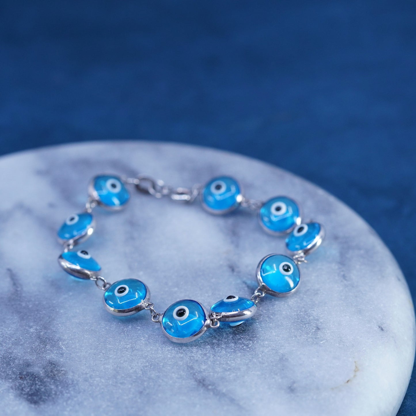 6.5”, Vintage handmade sterling 925 silver bracelet, blue glass evil eye beads