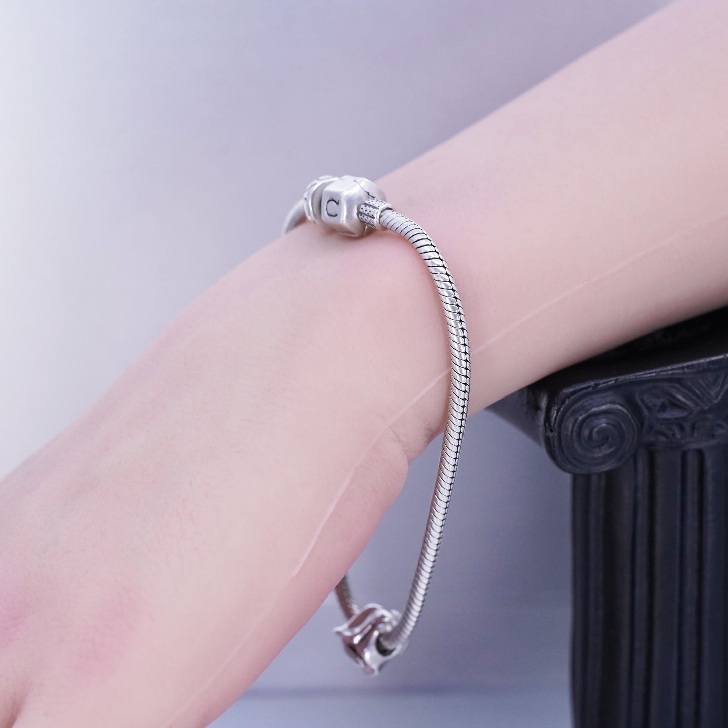 7.5”, Sterling 925 silver bracelet, bold snake chain pink flower bead charm